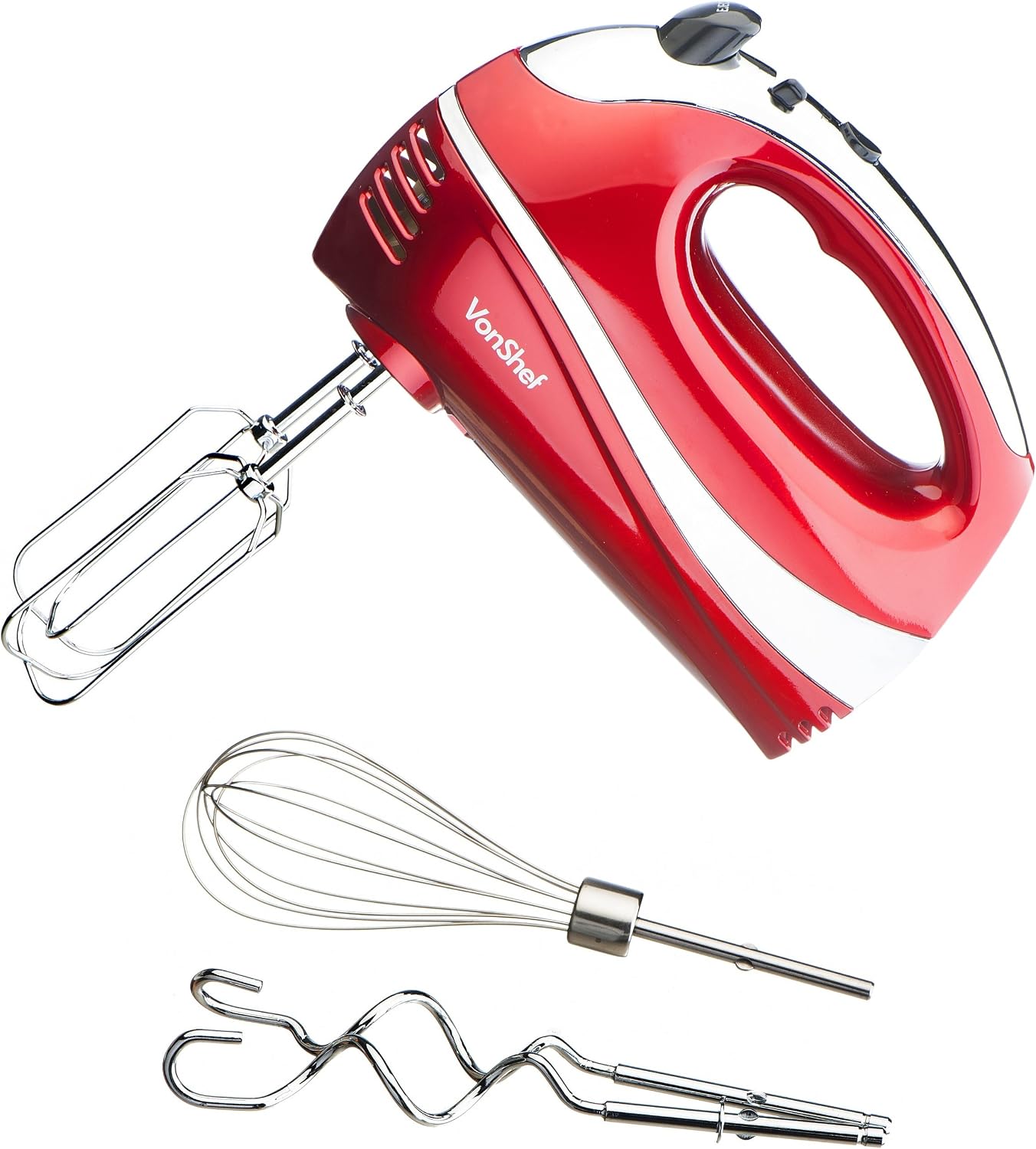 VonShef Professional 250W Hand Mixer Whisk With Chrome Beater, Dough Hook, 6 Speed With Turbo Button + FREE Balloon Whisk (Red)