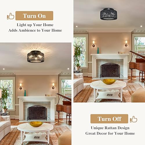 Miniatura 3 de Lámpara de ratán para montaje en techo, 3 luces de techo boho empotradas, lámpara de pantalla de jaula tejida a mano, lámpara de ratán rústico para