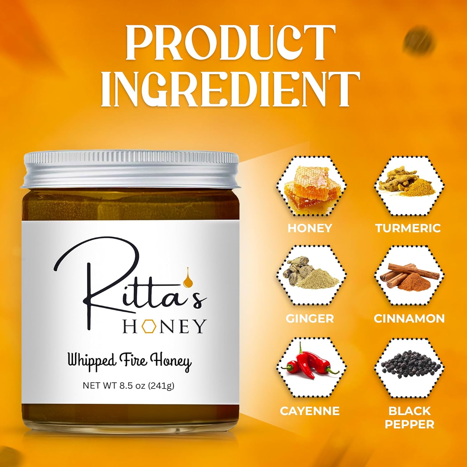 Ritta’s Whipped Fire Honey with Ginger, Turmeric, Cayenne & Cinnamon – 8.5 oz – Immune Boosting Spicy Honey for Tea, Toast & More Fire Cider Inspired