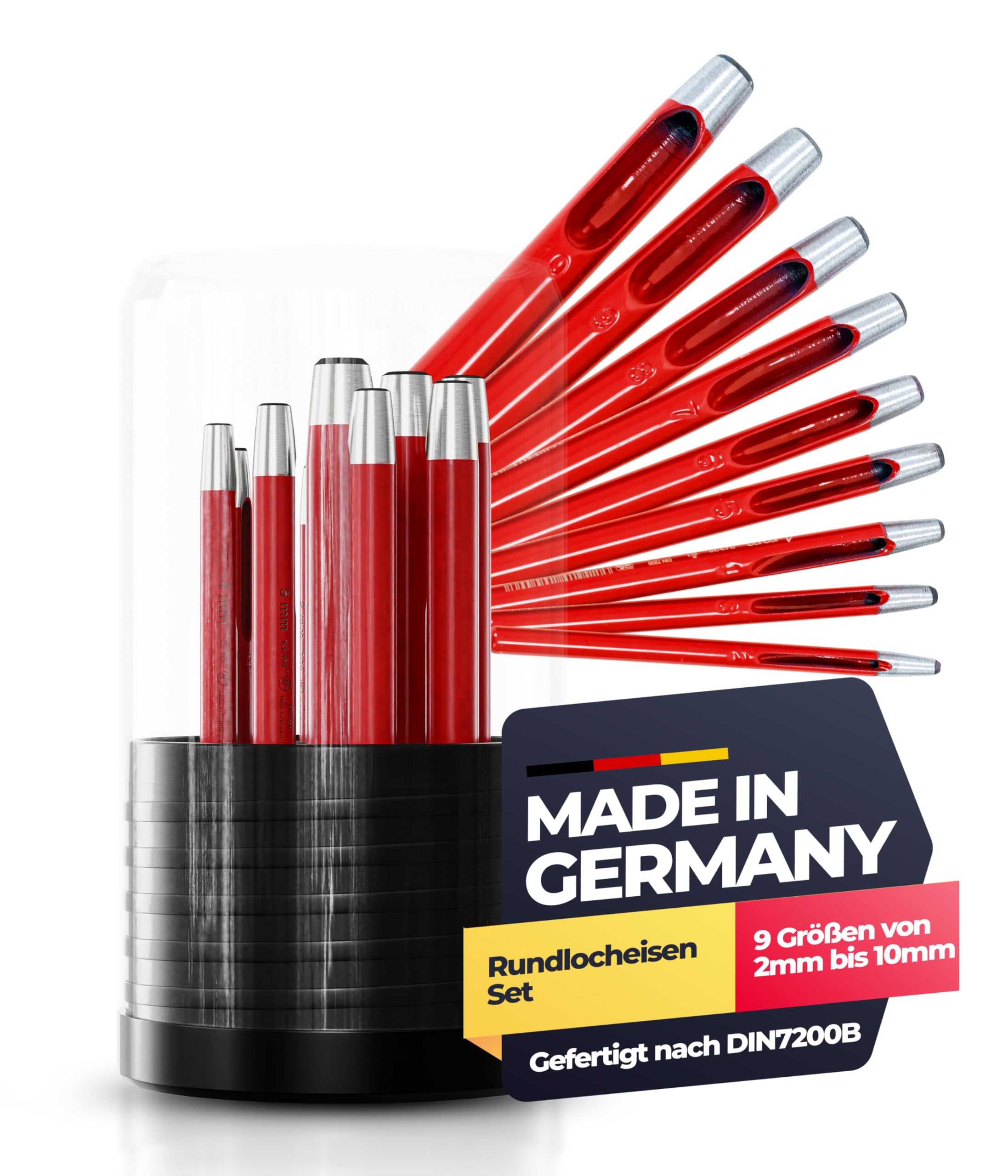 Paffrath® Rundlocheisen-Satz Rot (9-tlg.) - Hochwertiges Stanzwerkzeug für Pappe, Leder und mehr - Präzises Stanzen von 2-10mm in 1mm-Schritten - Ideal für Handwerker - Lochstanzer Set