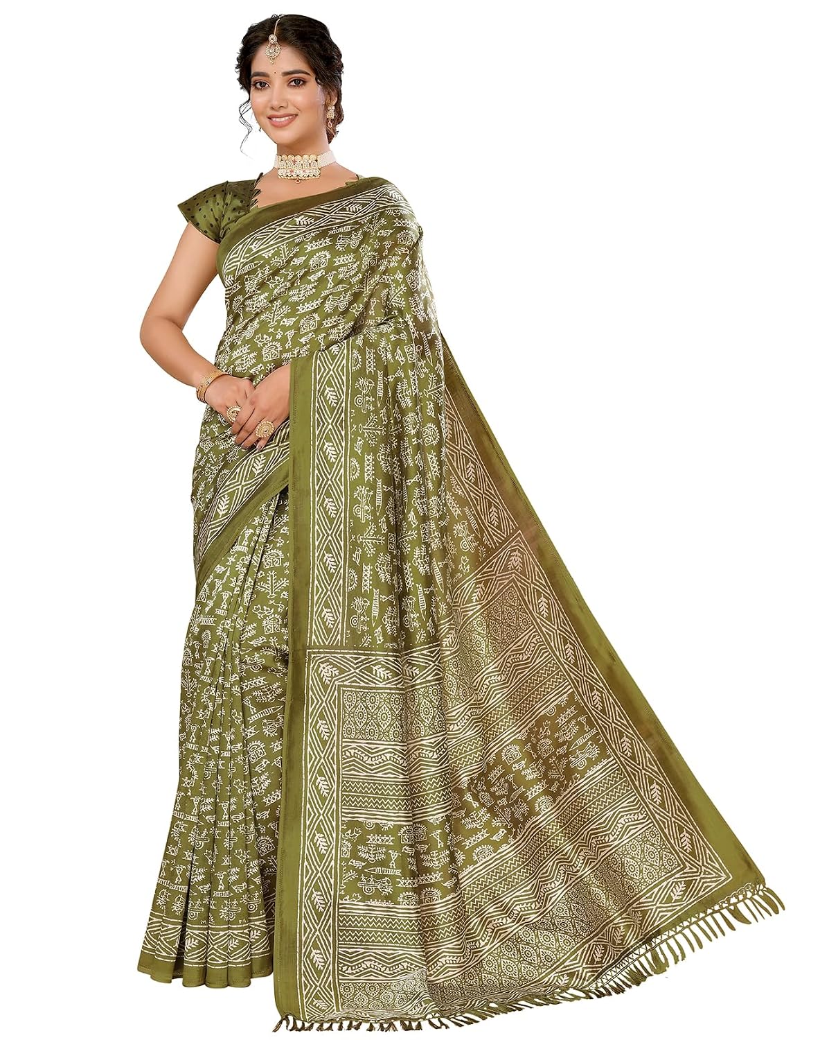 Yashika Women's Art Silk Saree Printed Saree with Tassels Unstitched Blouse Material Stylish Saree Casual Wear Saree Traditional Saree Trendy Saree