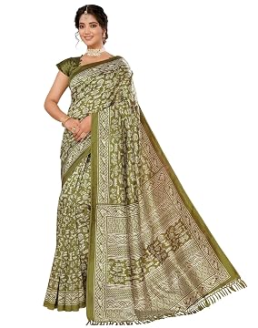 Yashika Women's Art Silk Saree Printed Saree with Tassels Unstitched Blouse Material Stylish Saree Casual Wear Saree Traditional Saree Trendy Saree