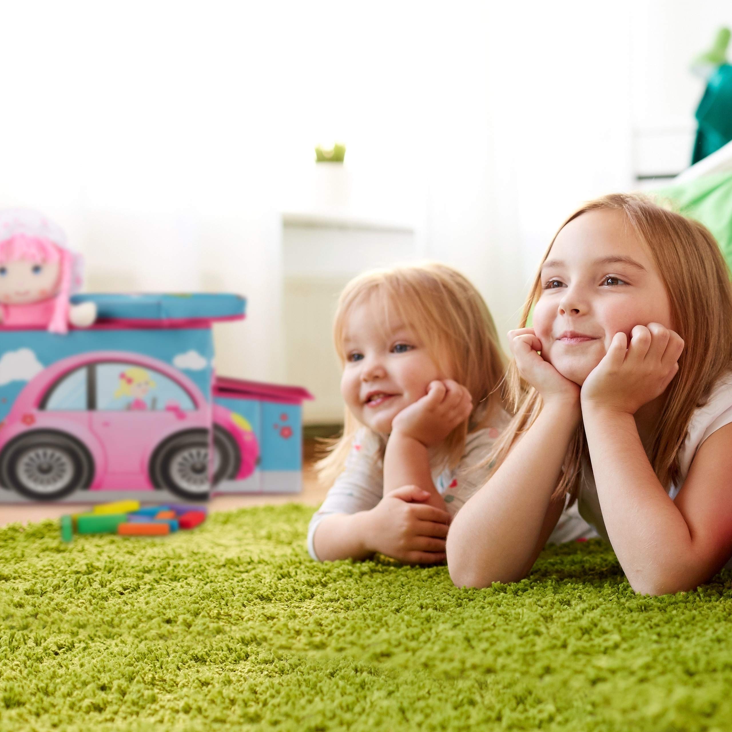 Relaxdays Sgabello Bambini Contenitore Giocattoli con Scomparto, Pieghevole, Camioncino Vigili del Fuoco 50 l Rosso