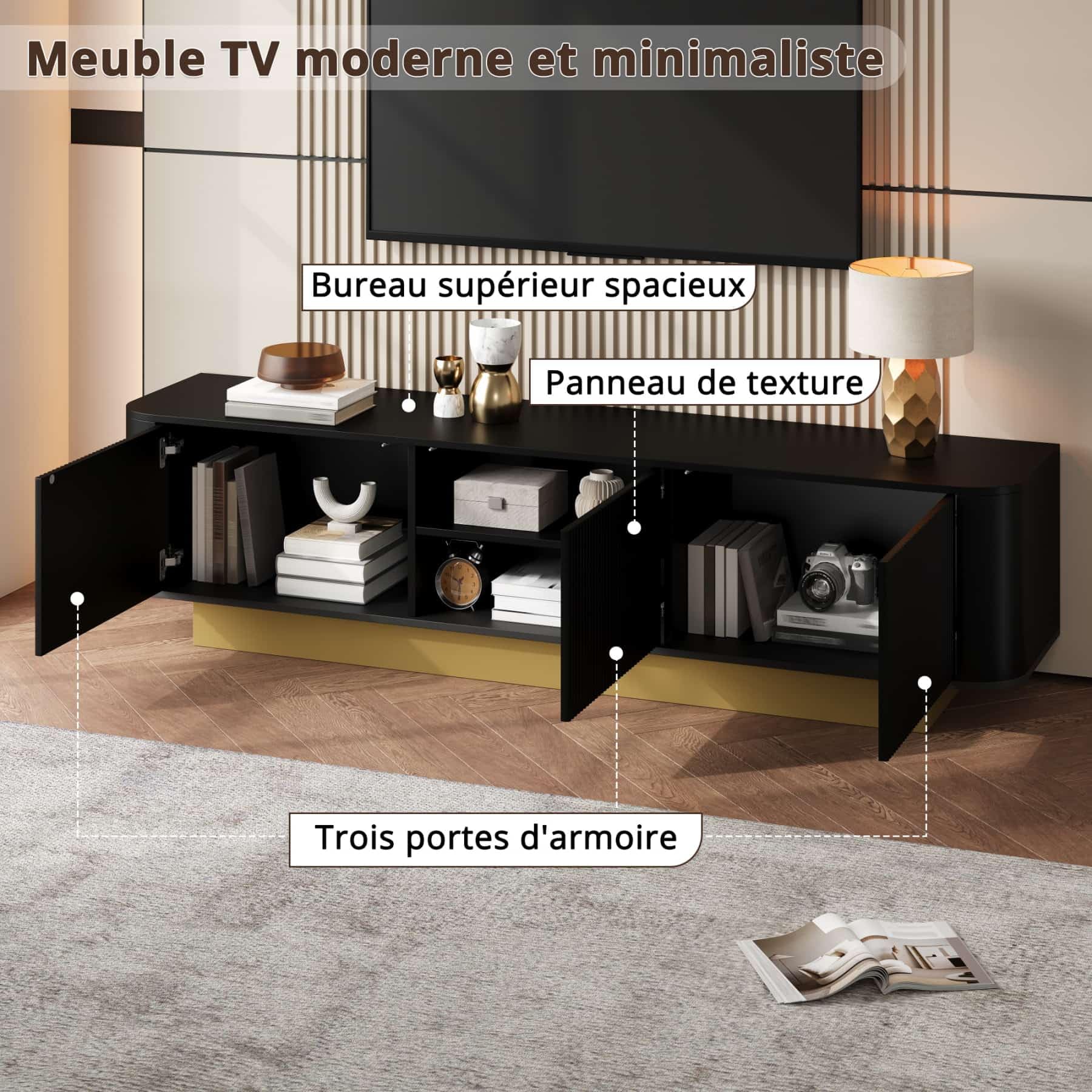 PUGSDRLY Meuble TV Moderne avec étagères réglables et 3 Portes, Meuble TV Bas avec Espace de Rangement,Design sans poignées, pour Salon et Chambres à Coucher,170x40.5x47cm (Noir)