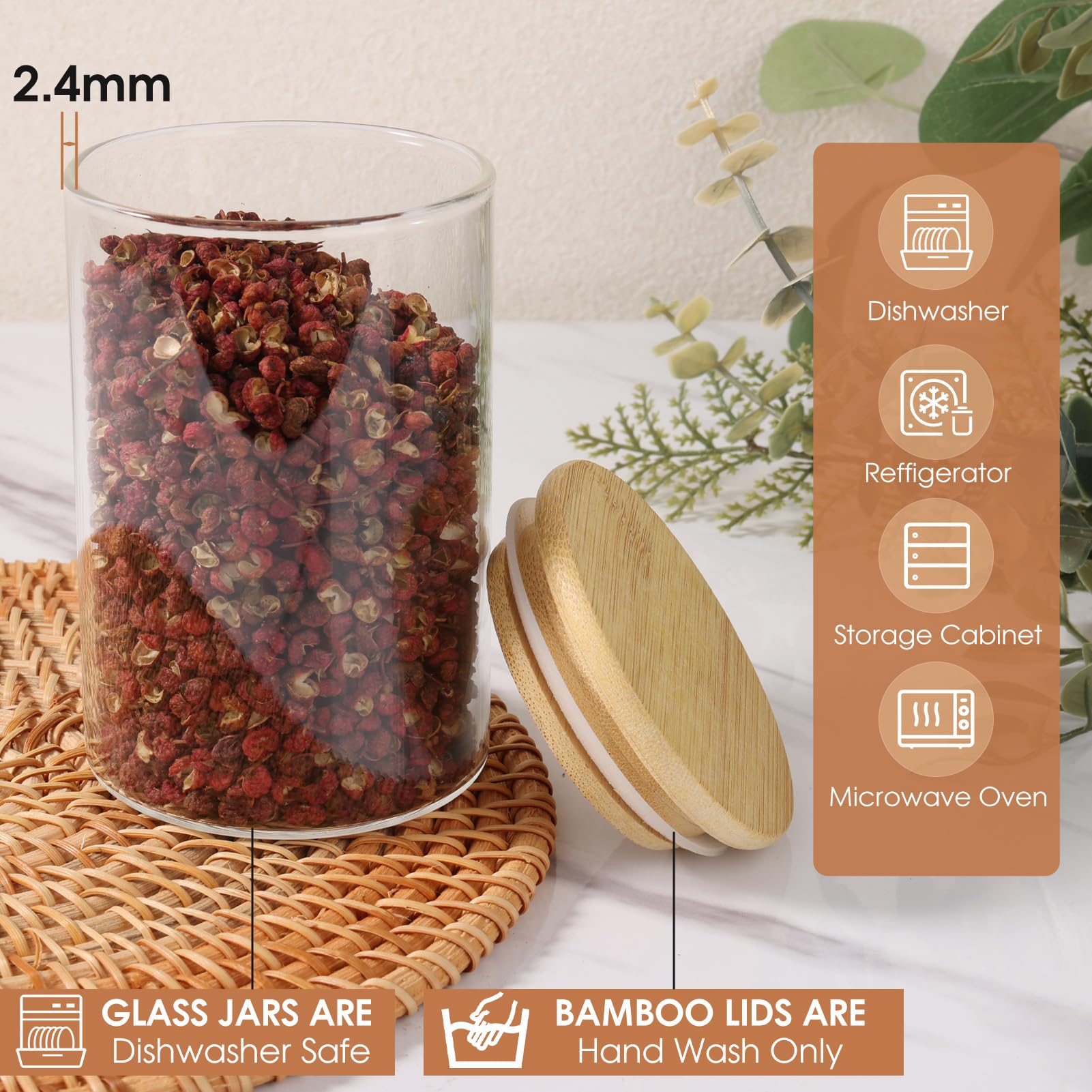 FoiiLiio 12 Bocaux à Épices Ronds en verre 200 ml avec couvercle en Bambou, RéCipient à ÉPices, Ensemble de Pots à ÉPices, Boite a Epices Cuisine Rangement avec Étiquettes Vierges