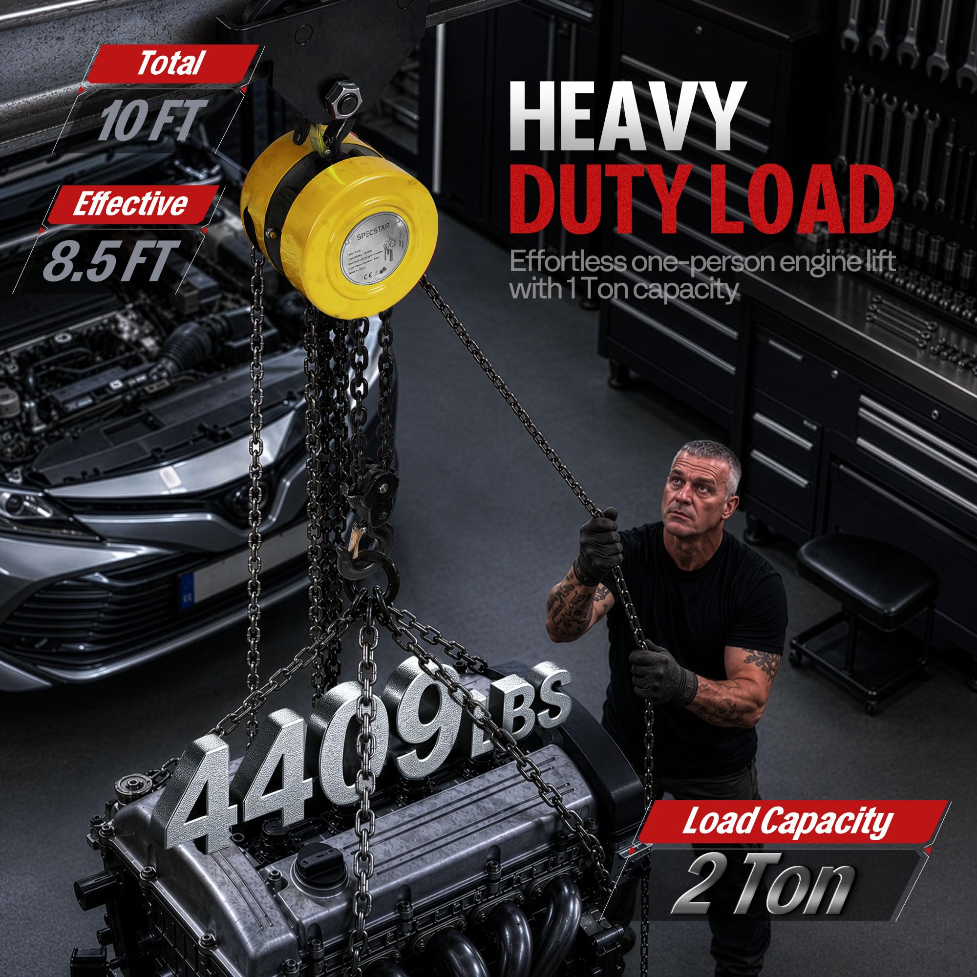 SPECSTAR Hand Chain Hoist with 2 Heavy Duty Hooks, Ręczny Wciągnik Łańcuchowy Udźwig 2000 kg z Hakiem Obrotowym 360° i Wysokością Podnoszenia 3 m