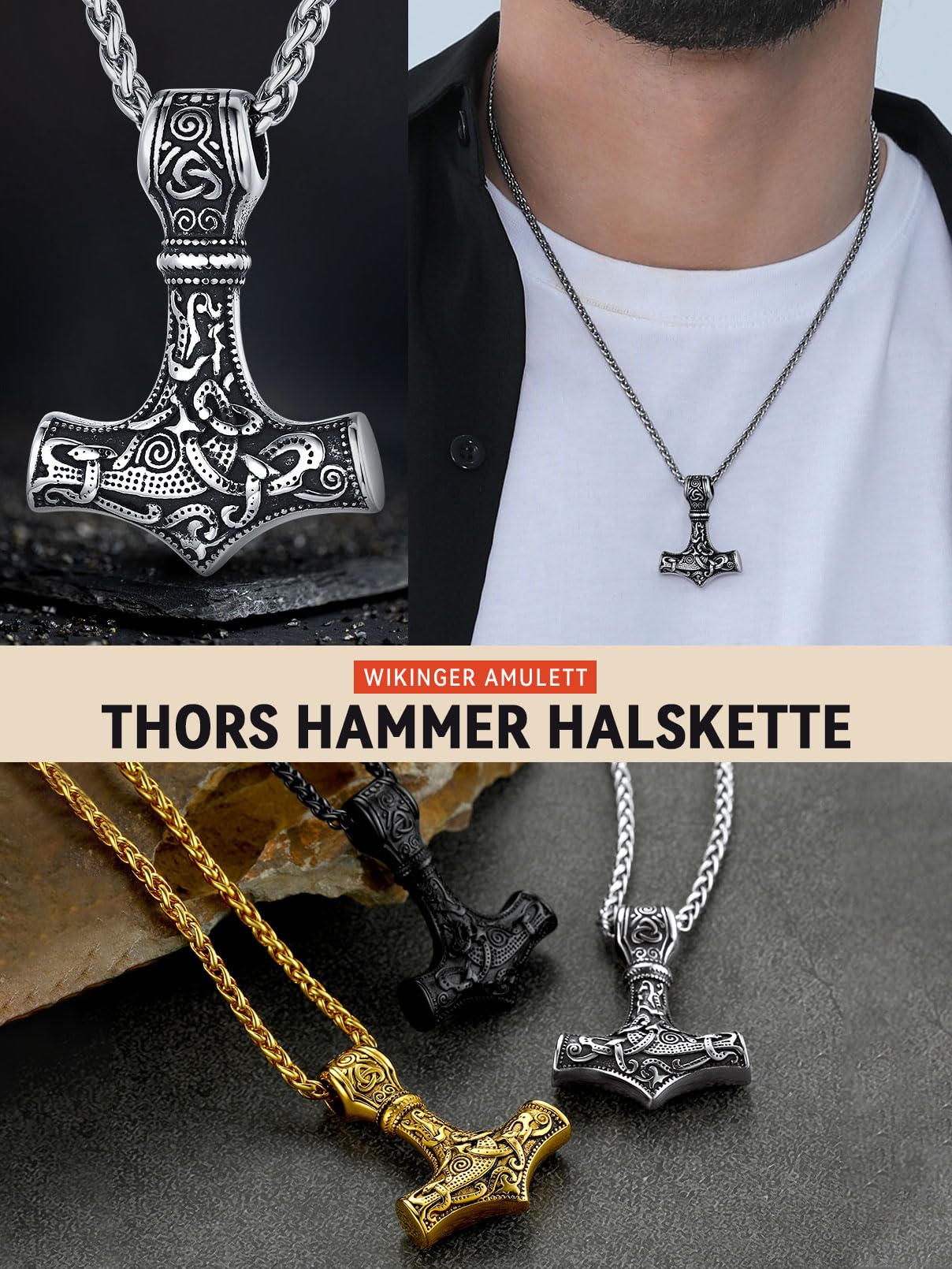 FaithHeart Halskette Herren Edelstahl Wikinger Mjölnir Kette für Jungen Schmuck für Weihnachten Geburtstag