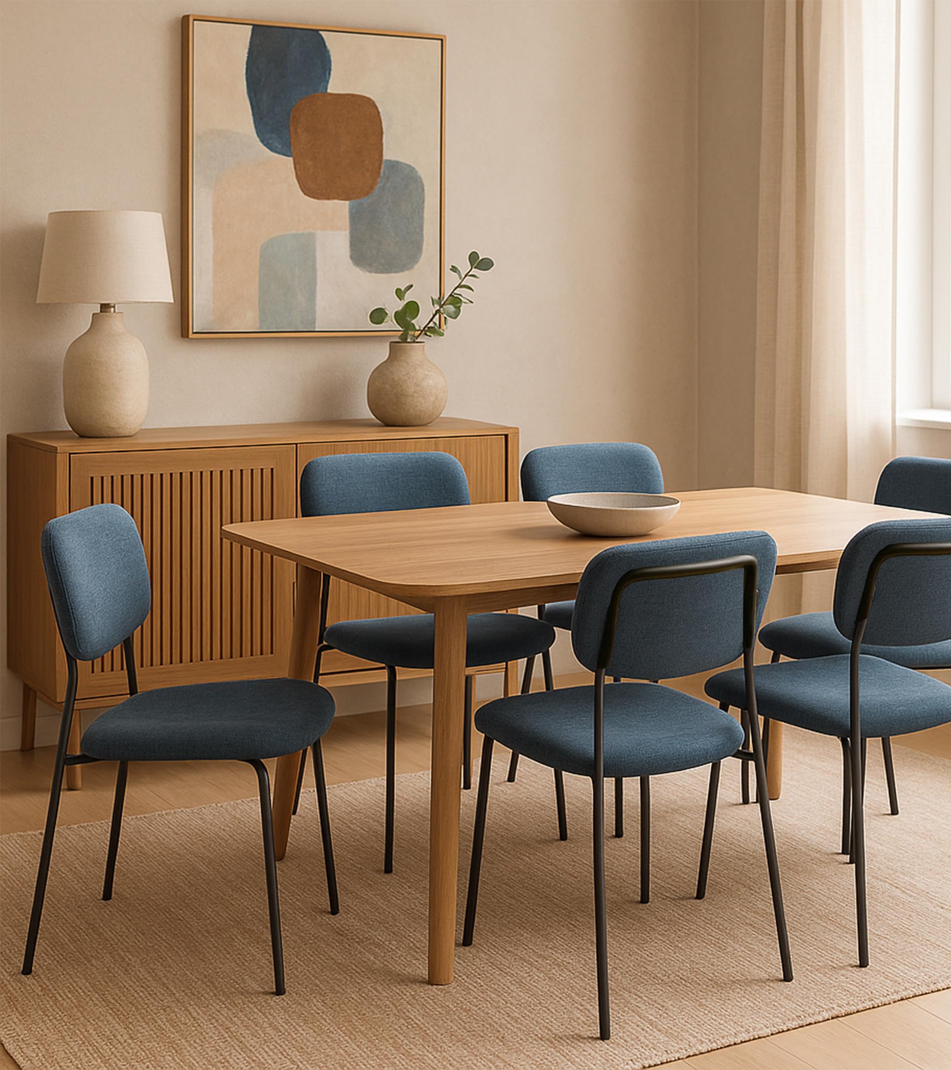Home Heavenly® Pack 4 Sillas Tull – Sillas Apilables con Estructura Metálica, Tapizado en Tela Poliéster, Diseño Moderno para Comedor, Cocina y Eventos (85x51x44 cm) Color Azul