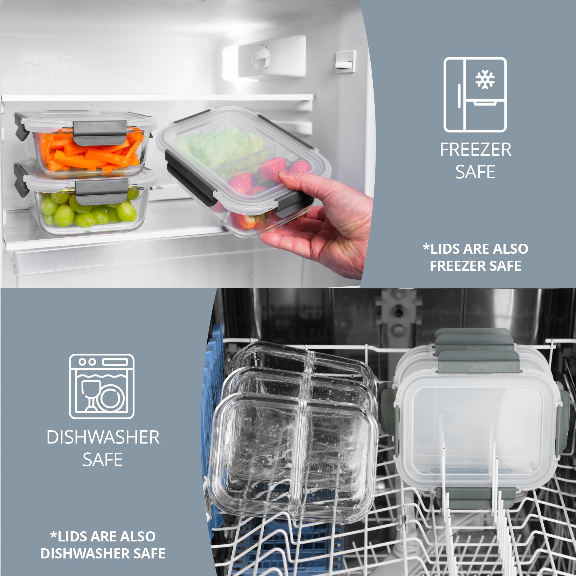 Homiu Recipientes de vidrio para alimentos con tapas, recipientes herméticos de vidrio para preparación de comidas, sin BPA, a prueba de fugas, reutilizable, aptos para microondas, congelador y horno