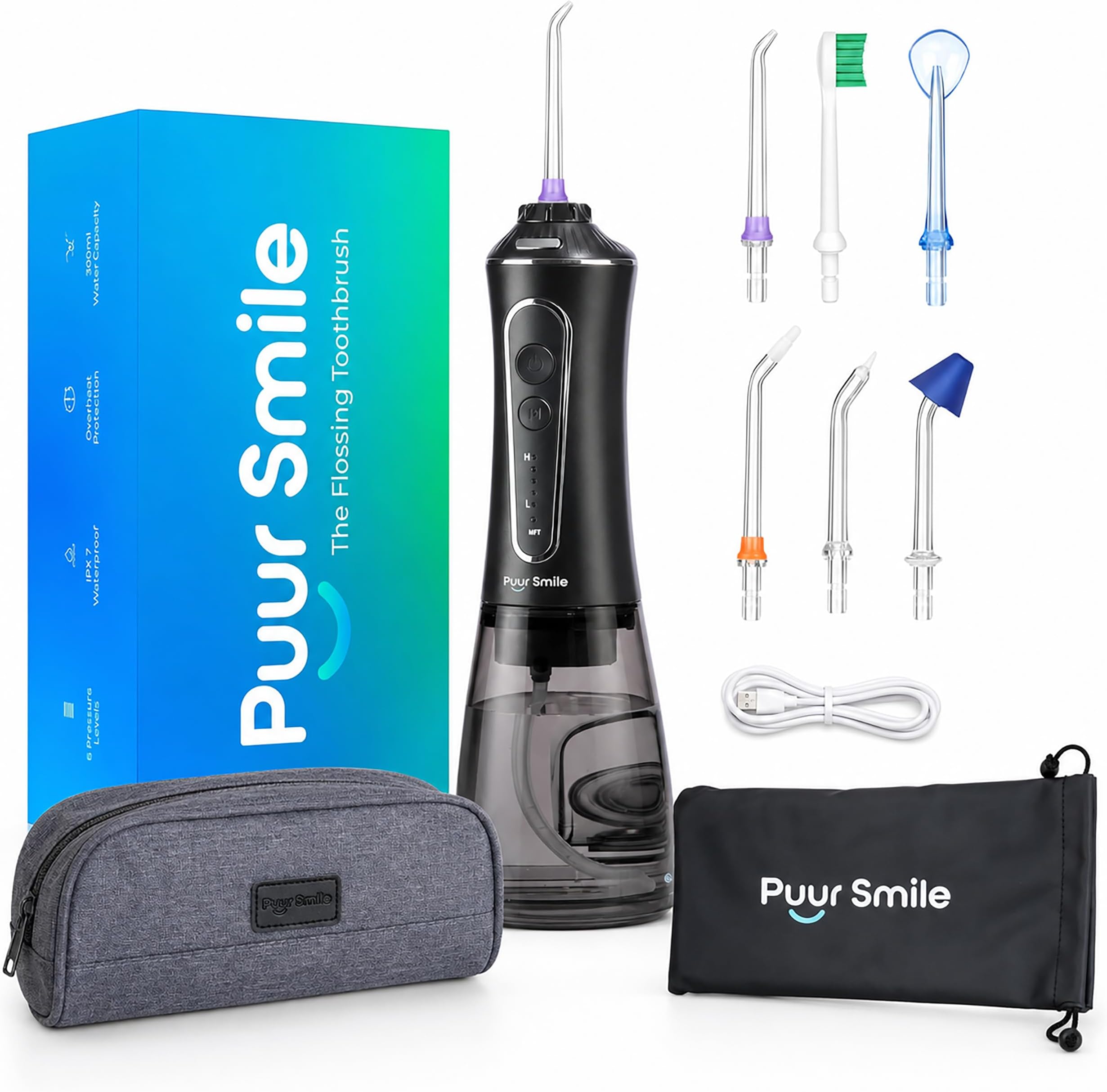 Portable Water Flosser Cordless by Puur Smile - Advanced Dental Care for a Healthier Mouth, Gum, and Teeth - IPX7 Waterproof Oral Irrigator | 7 Replacement Tips, Travel-Friendly, Rechargeable