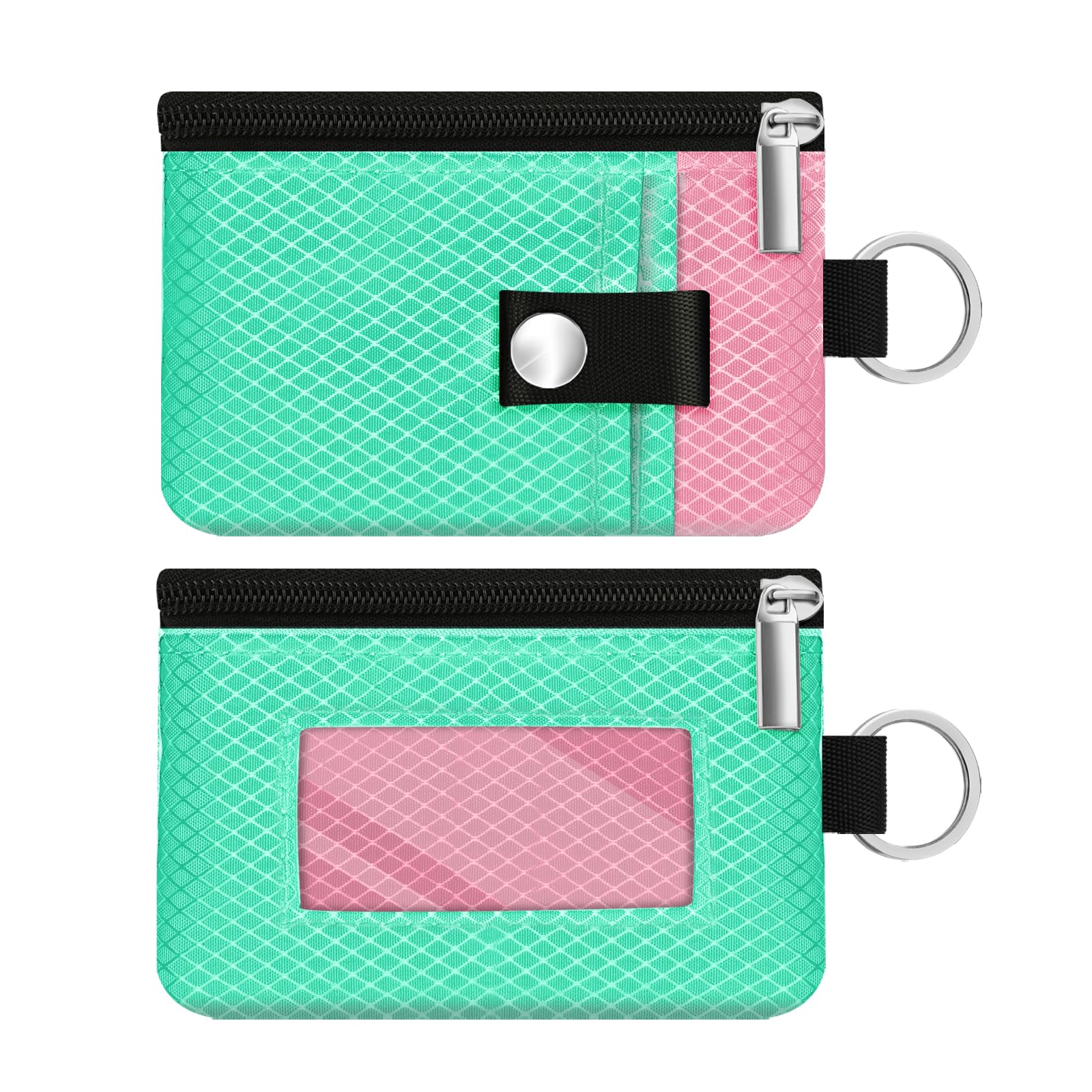Minimalist RFID Blocking Small Wallet with ID Window,WaterResistant Zip Id Case Wallet with Lanyard Keychain for Cards,Cash,Travel,Women,Men (Mint Green/Pink)