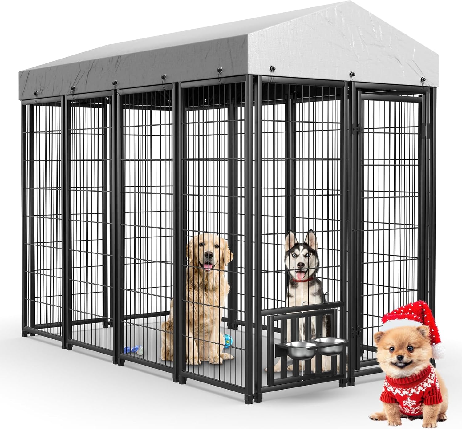 Outdoor Dog Kennel with Roof, 6.5'L x 3.5'W x 5.9'H Dog Kennel Outside Large Breed, Heavy Duty Outdoor Dog Kennel with Rotating Feeding Bowls, for Medium Small Dogs