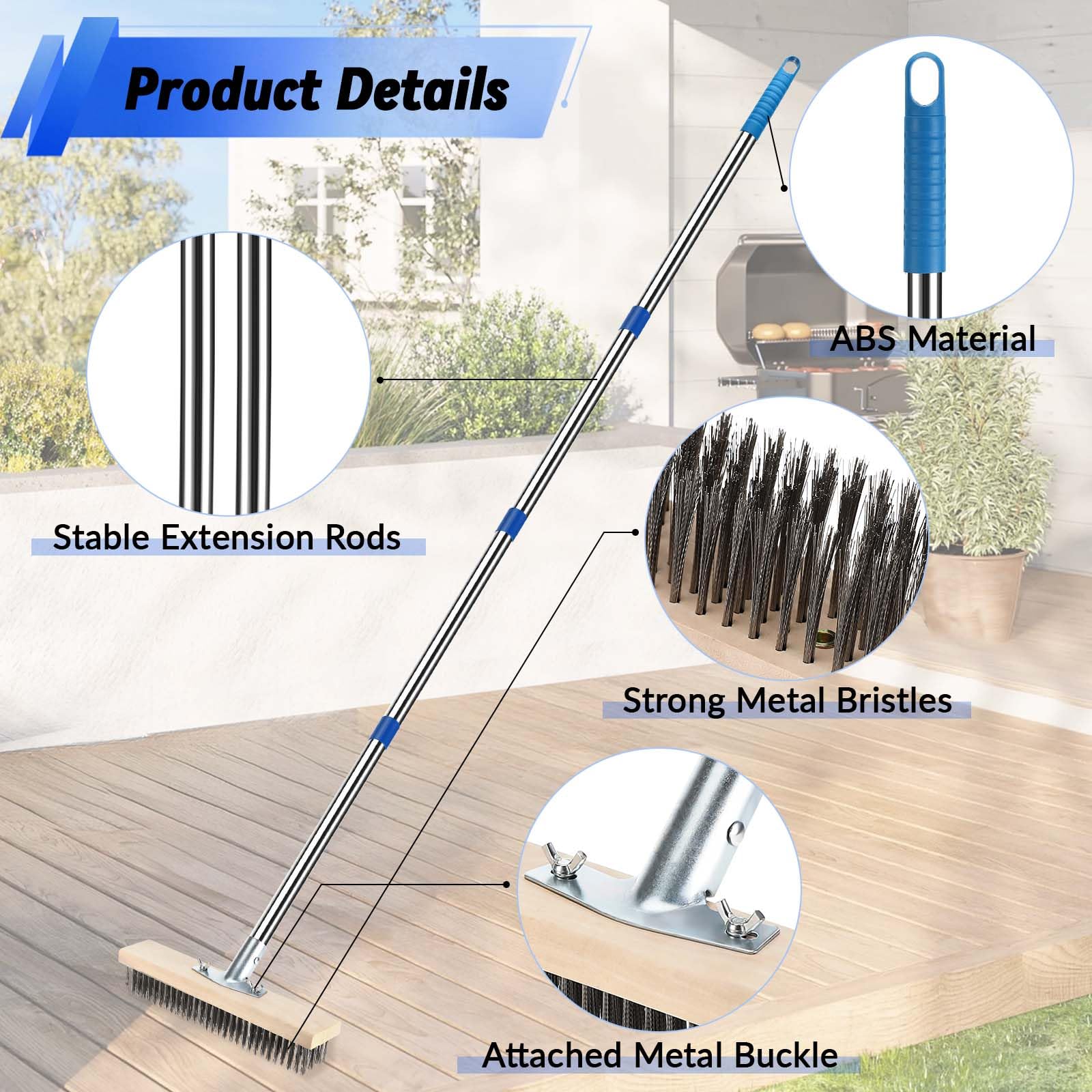 Balai Métallique Robuste avec Manche Télescopique 160cm Brosse en Métal Rigides pour Enlever Mauvaises Herbes Mousse Taches Tenaces