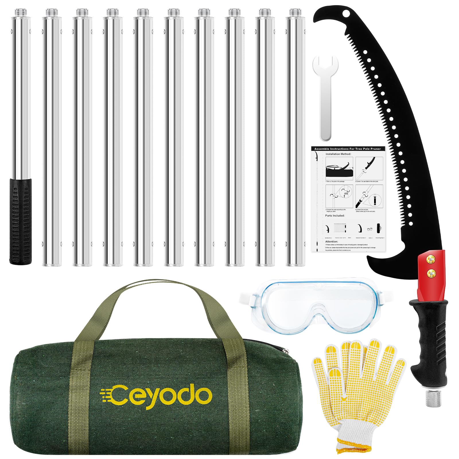 Pole Saws for Tree Trimming, Manual Pole Saws, Tree Pruner Extendable for garden (14FT Stainless Steel Thicked Handle Without Scissor)