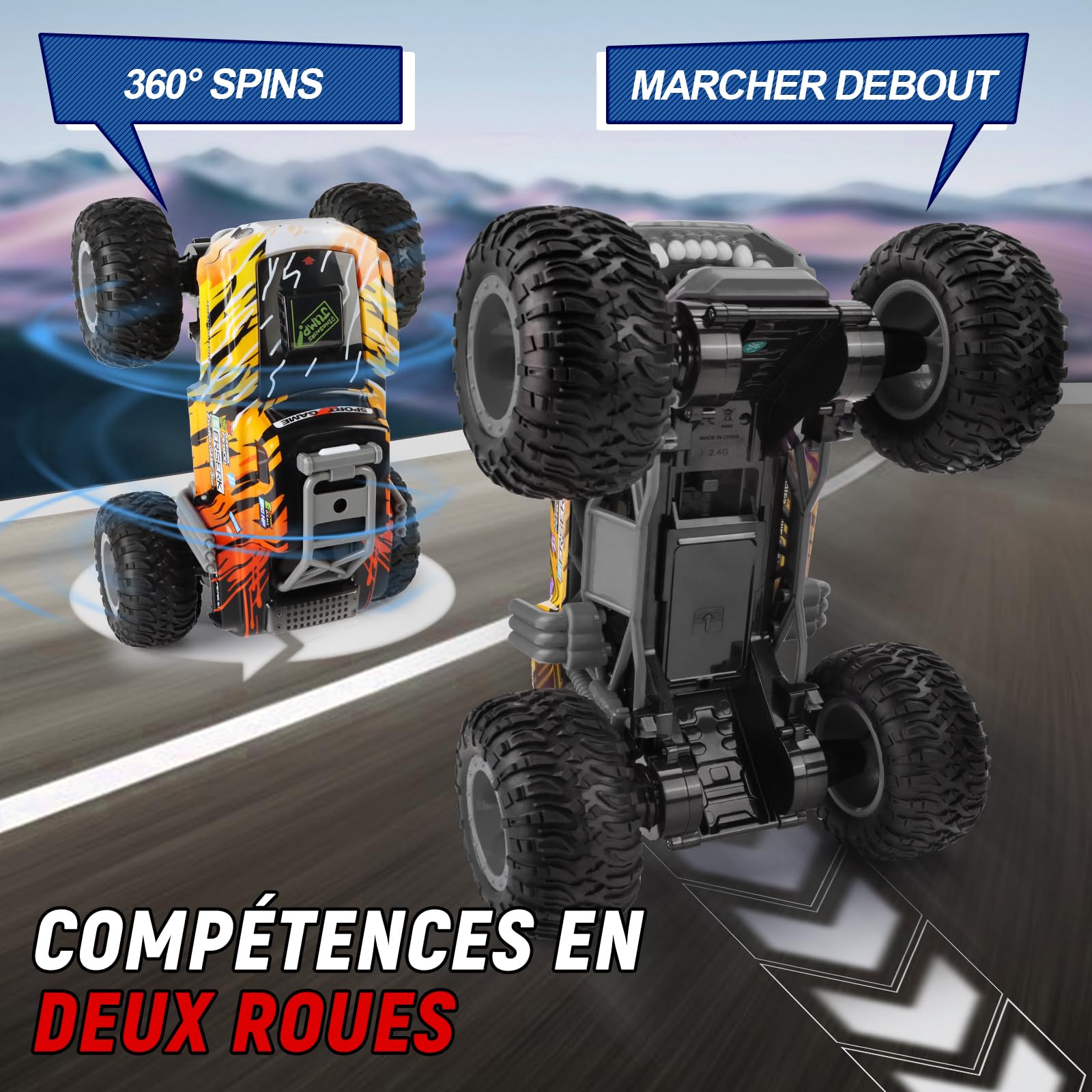 Charmofun Monster Truck Telecommande 1:12, 360° Rotation Dinosaure Voiture Télécommandée Tout Terrain, 2,4GHz RC Monster Truck avec Brume de Pulvérisation, Musique et Lumières LED pour Enfants