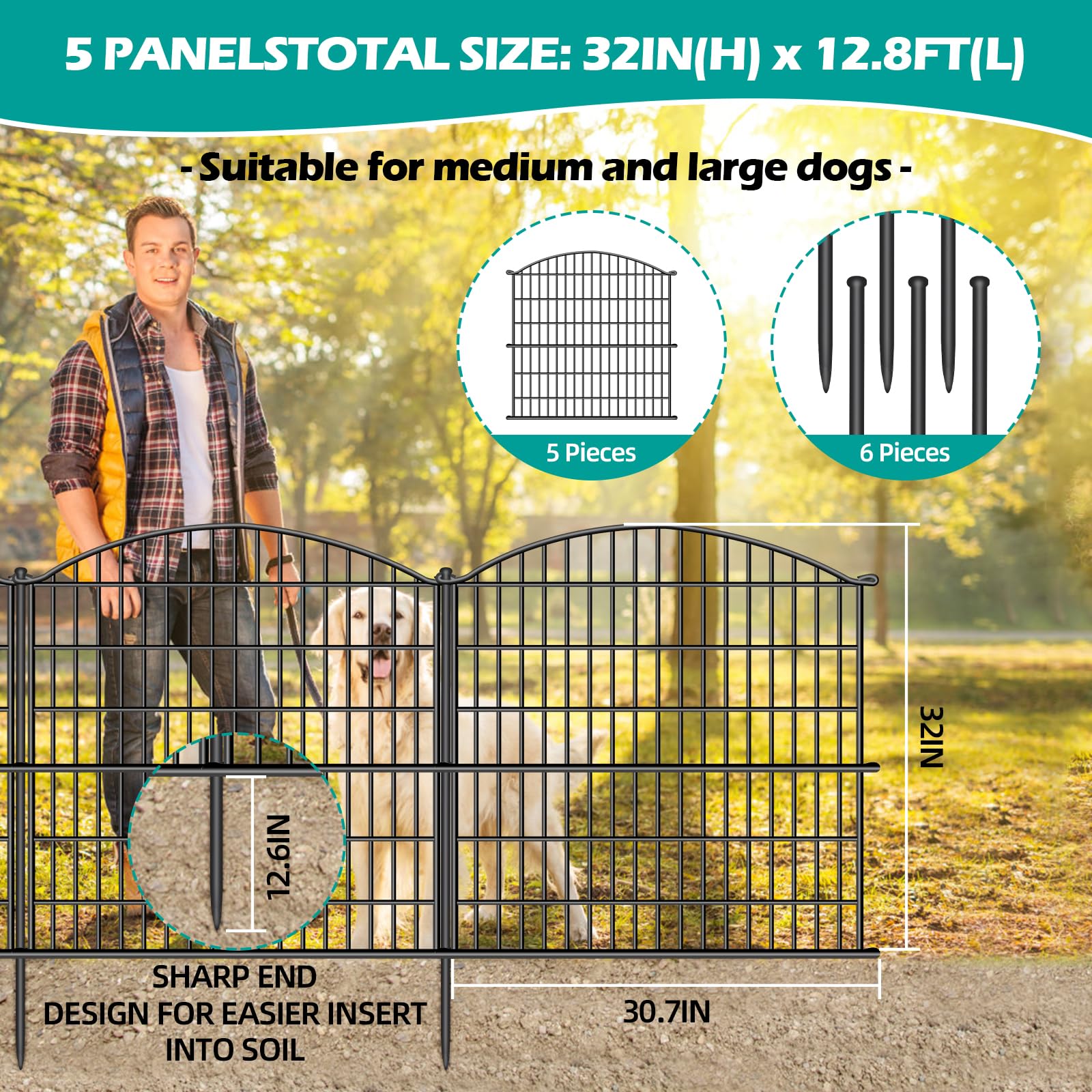 ULIOK Recinzione decorativa da giardino, 5 pannelli senza scavo, 81,3 cm (H) x 3,9 m (L) Barriera per animali per patio, pali per animali da giardino, recinto temporaneo per cani conigli, per cortile