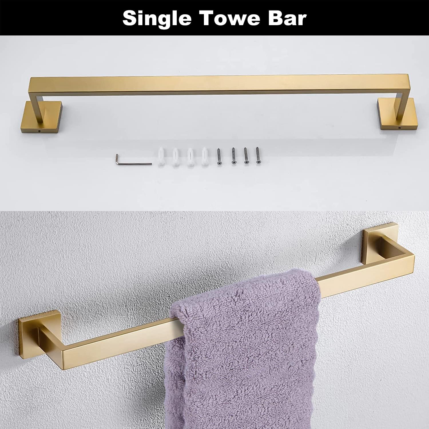 HalyCare Gold Bathroom Hardware Accessories 7 Pieces Gold Square Towel Bar,Stainless Steel Bathroom Towel Rack Set Wall Mounted,23.6
