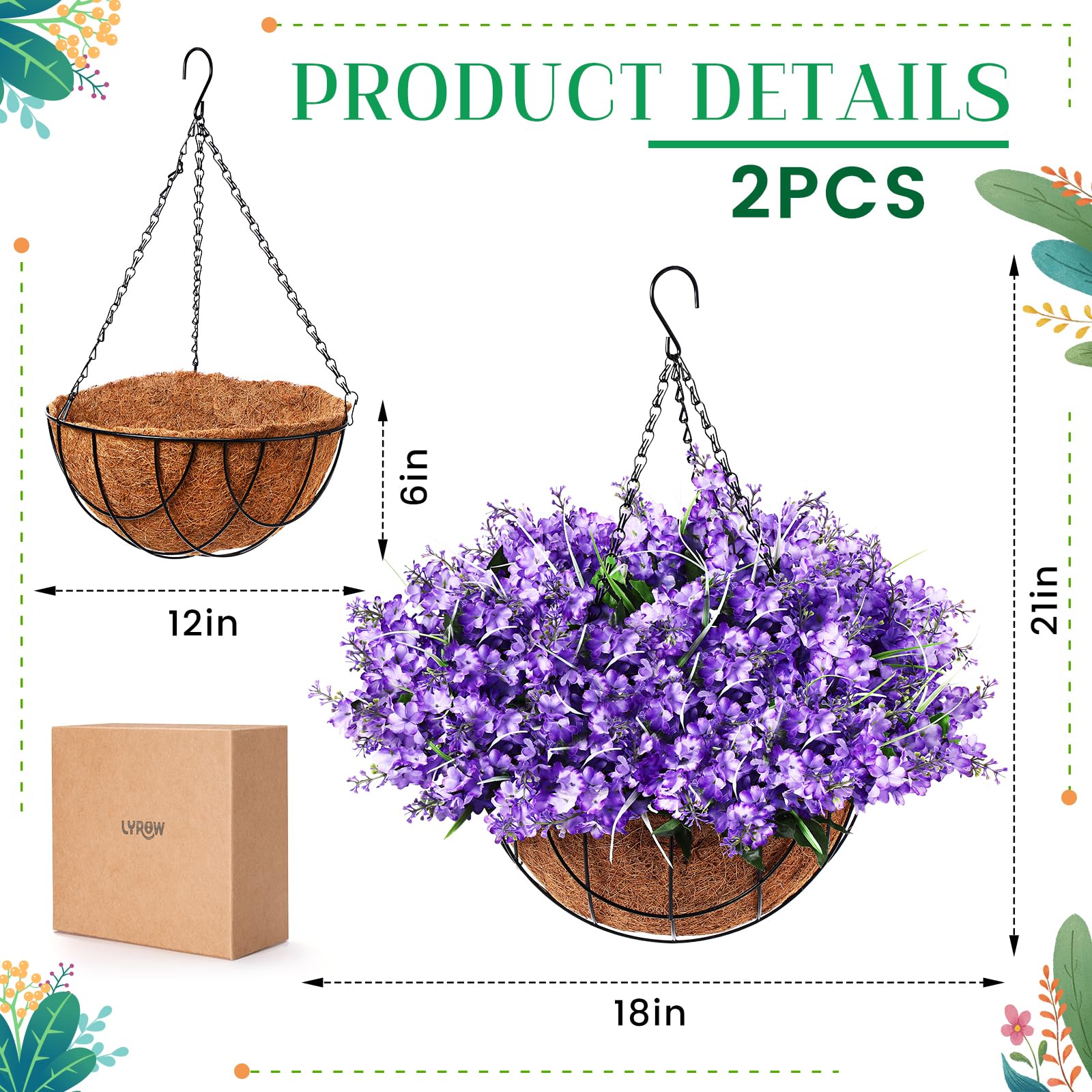 Lyrow Künstliche Hängeblumen im Korb für Frühling, Sommer, Veranda, Haus, Garten, Hof, Dekoration, künstliche Hyazinthen-Arrangement, künstliche Pflanzen in 30,5 cm Kokosnuss-Futter, Korb für Außen-