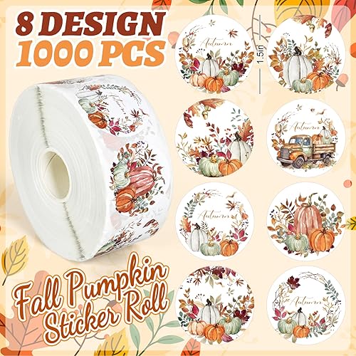 Miniatura 9 de Whaline 1000 calcomanías de otoño de Acción de Gracias, calabaza, hoja de arce, calcomanías redondas de otoño, etiquetas de sellado para suministros