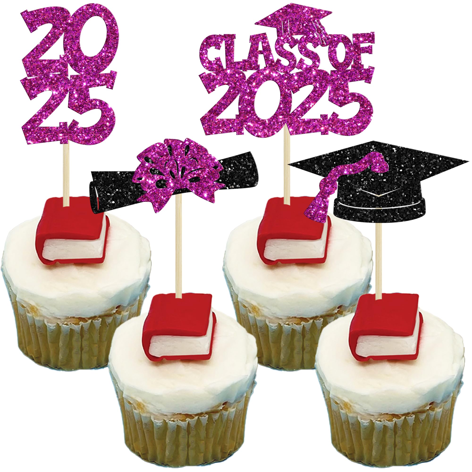 Ephlyn 36Pcs 2025 Graduation Theme Cupcake Toppers Glitter Class of 2025 Congrats Grad Diploma Graduation Cap Cupcake Picks for 2025 Graduation Theme Party Cake Decorations Supplies Purple