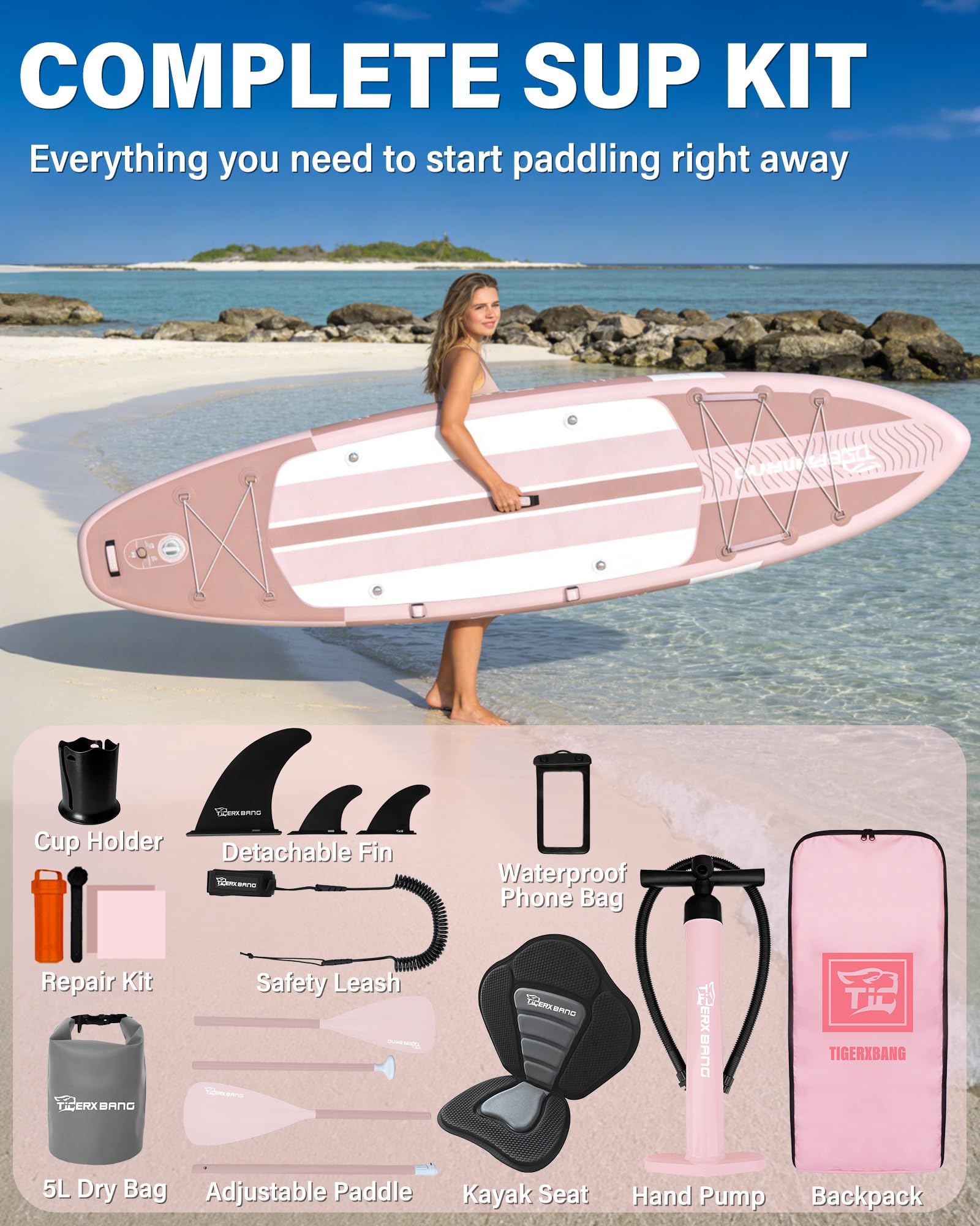 TIGERXBANG Tabla Paddle Surf Hinchable con Asiento, 335x86x15cm Stand Up Paddle Board para Adultos/niños, Kit Completo de Surf ISUP, Rosa