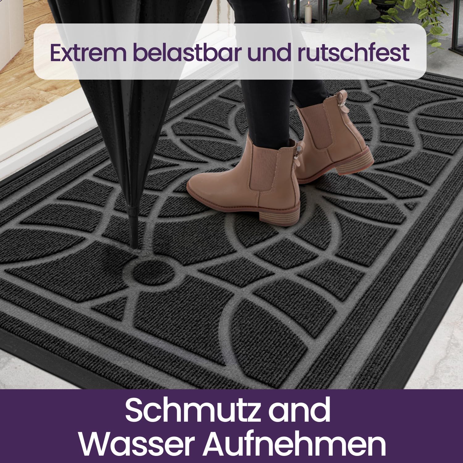 DEXI Fußmatte Außen rutschfest 60 x 90 cm, Schmutzfangmatte Waschbar, wetterfest Fussmatte Innen für Haustür, Balkon oder Terrassentür, Grau