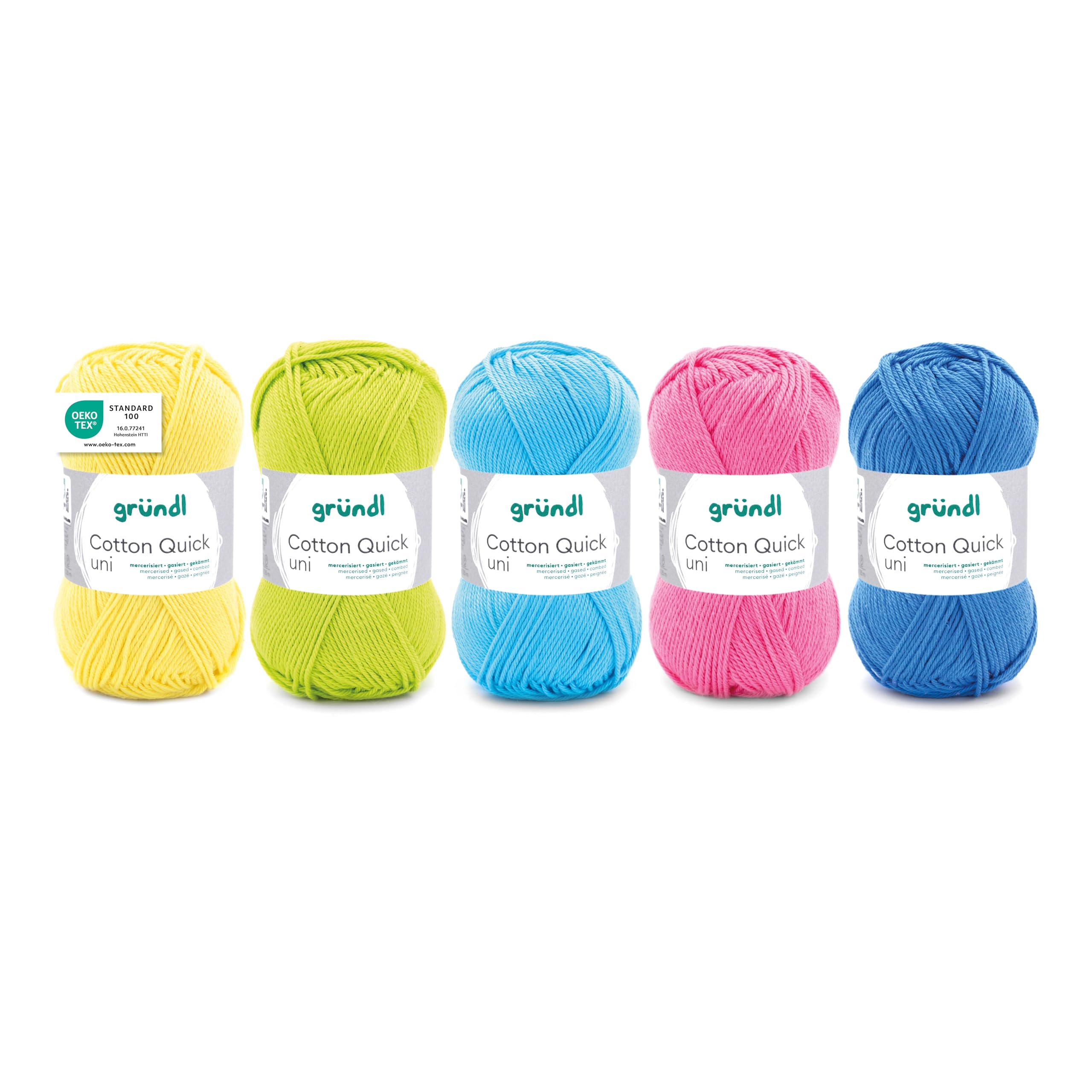 Gründl Wolle Cotton Quick uni - dünne Wolle zum Häkeln - Strickgarn - Häkelgarn - Glänzend und hautfreundlich - 100% Baumwolle - 5 Knäuel 50 g / 125 m - Nadelstärke 3-4 - Sommer-Mix