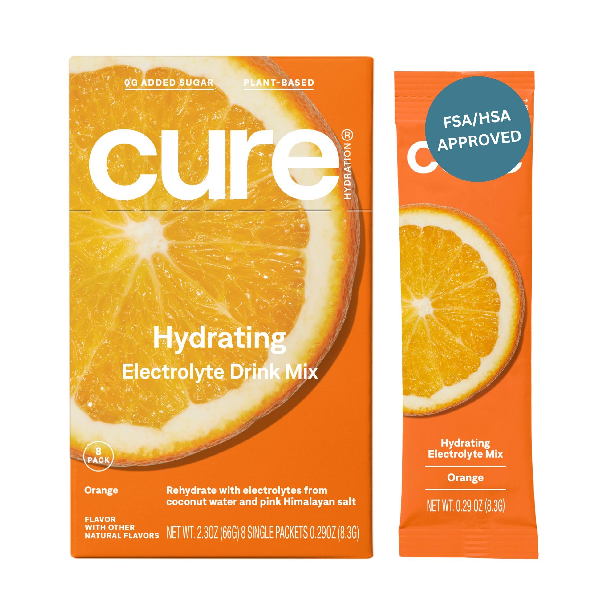 Cure Hydrating Plant Based Electrolyte Mix | FSA & HSA Eligible | Powder for Dehydration Relief | Made with Coconut Water | Non-GMO | No Added Sugar | Vegan | Paleo | Box of 8 Packets - Orange