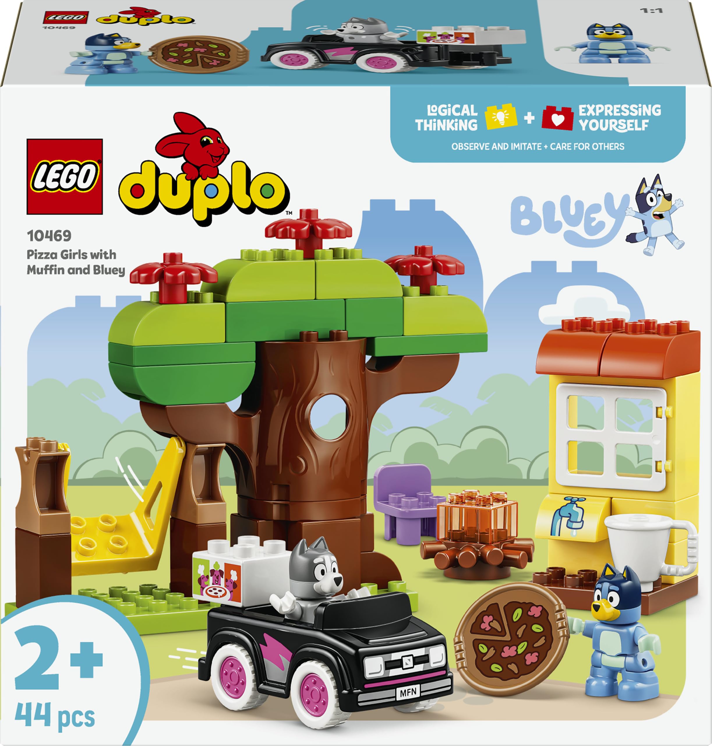 LEGO DUPLO Bluey: Pizza-Schwestern mit Muffin und Bluey 10469 | Spielzeug ab 2 Jahren für Jungen & Mädchen, Montessori Set mit Auto, 2 Figuren, Baum und Schaukel, Kinder Geschenk, 44 Teile