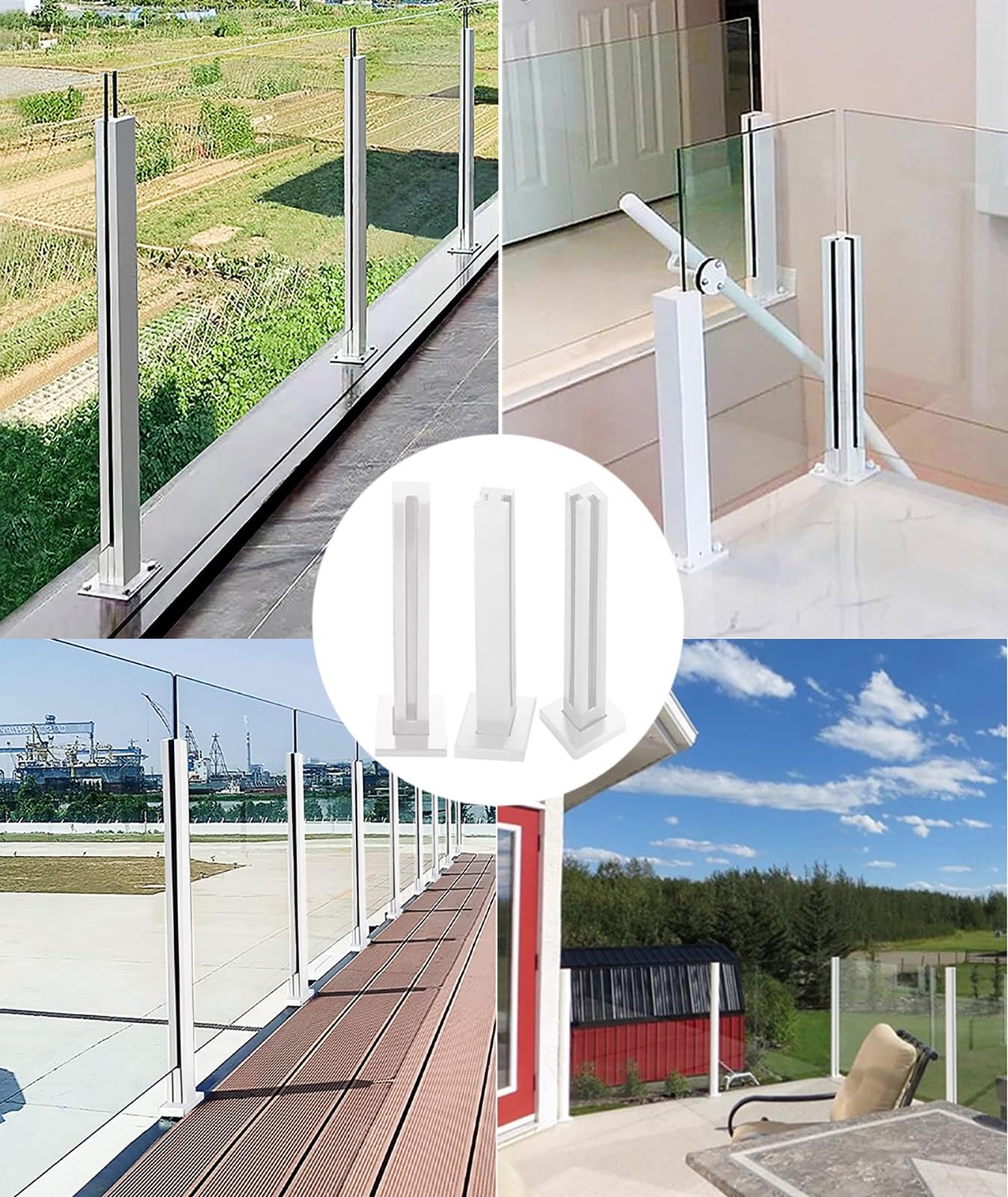 Słupek balustradowy ze szkła z białego szkła, kwadratowa tralka ze stali nierdzewnej do pokładów, wewnętrznych schodów i lądowania, łatwy montaż za pomocą śrub, trwały system balustrad szklanych