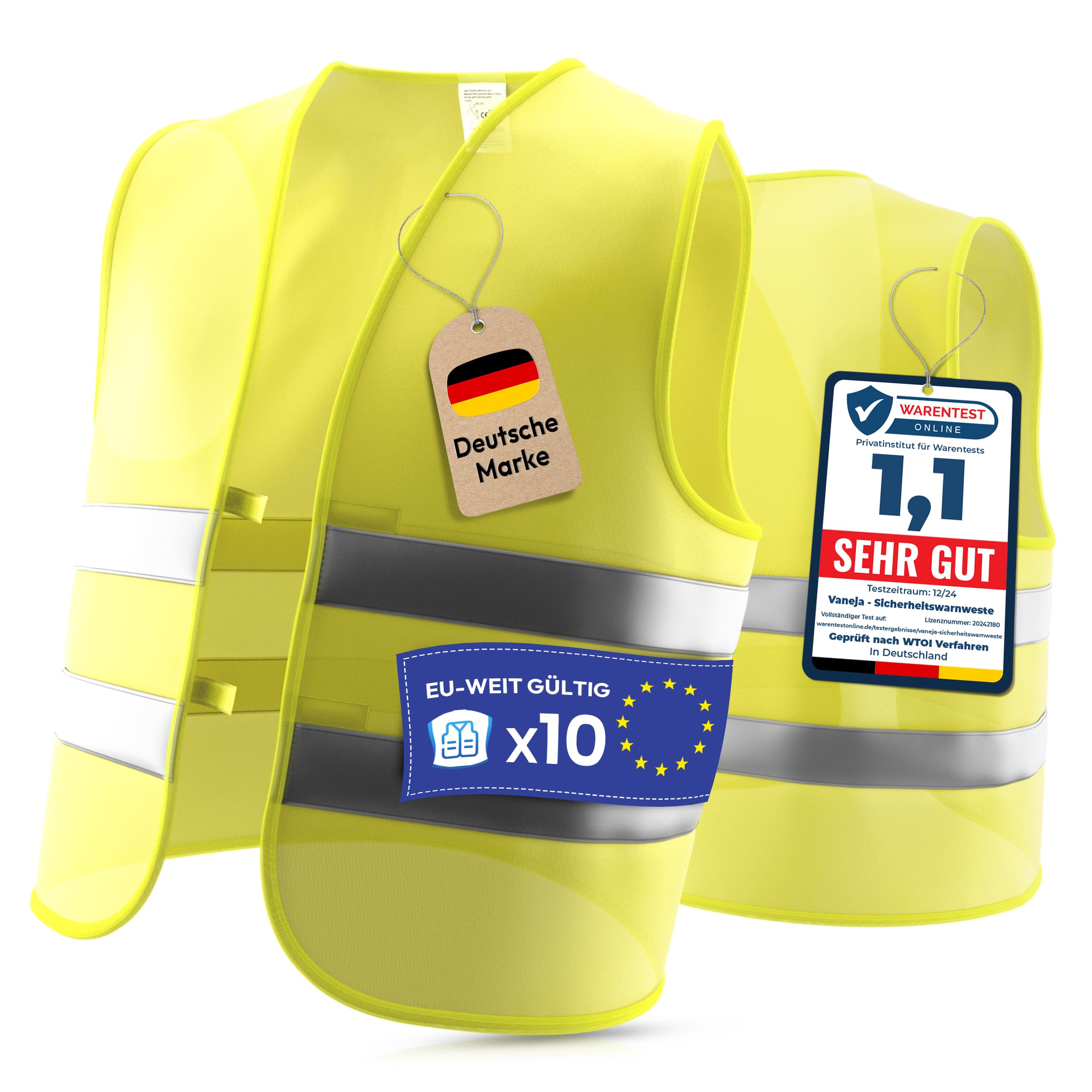 VANEJA Warnwesten Auto 10er Set – Europaweit gültig nach Norm 2025 EN ISO 20471 – Reflektierende Kfz Warnweste – Warnschutzweste für Erwachsene – High Visibility Vest