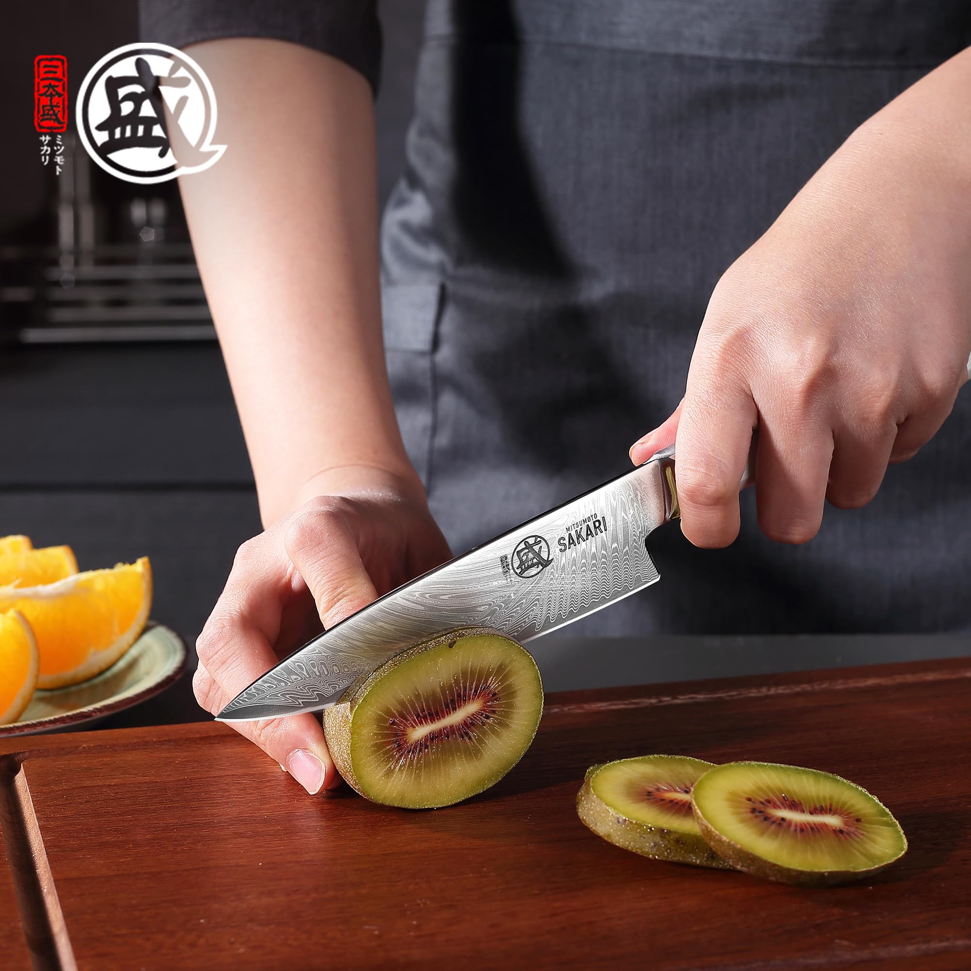 MITSUMOTO SAKARI Cuchillos Pelar Profesional Japoneses, 14 cm Cuchillo Chef | Cuchillo para Fruta de Acero en Polvo VG con Acabado, Cuchillos de Espiga Completa, Mango G10 Blanco, Estuche de Sándalo