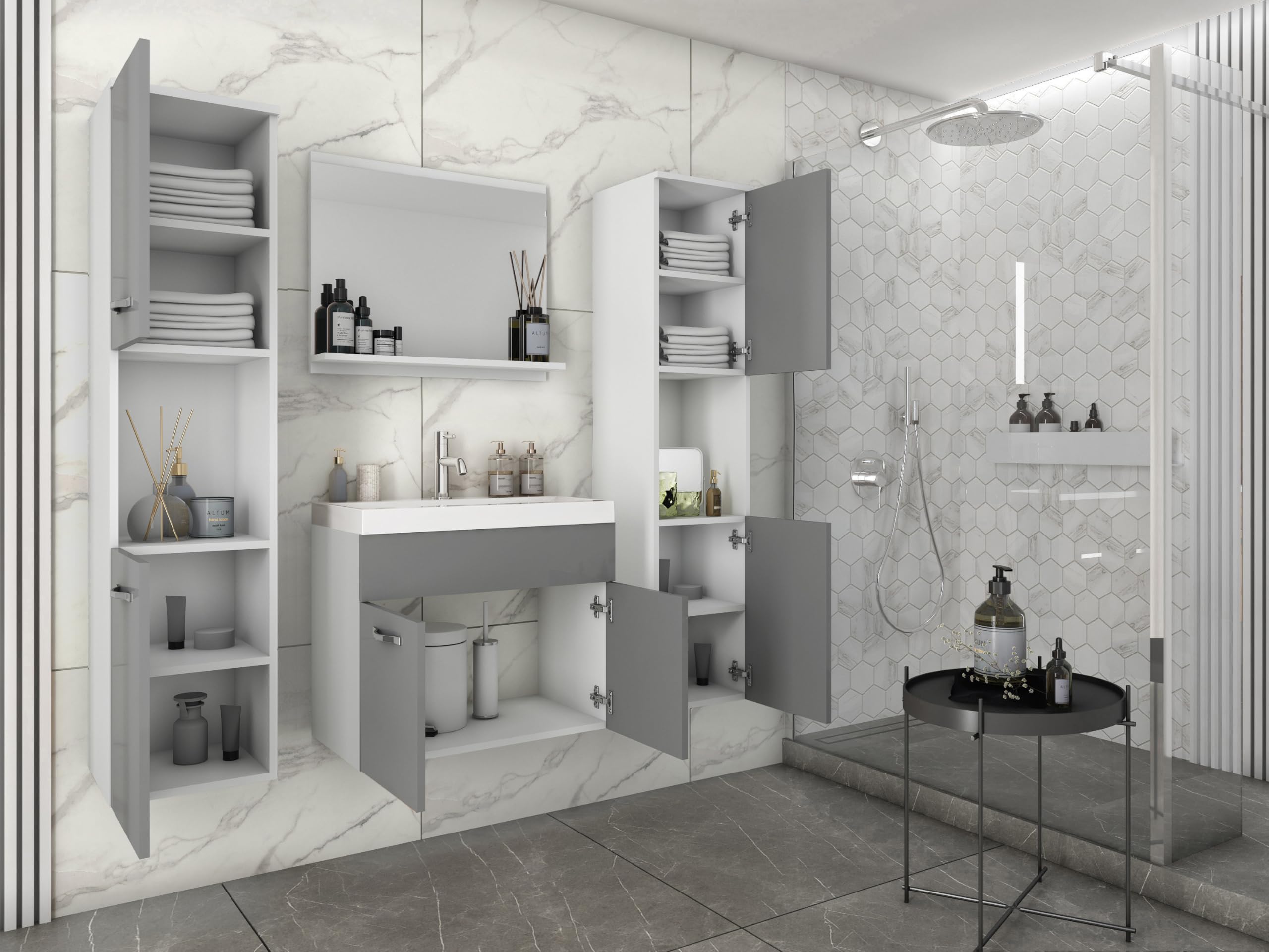 Set Mobili Bagno Montreal XL con Lavabo Grigio Lucido | Mobile Sospeso Pannello Laminato 15mm Maniglie Metallo Satinato Bordo ABS