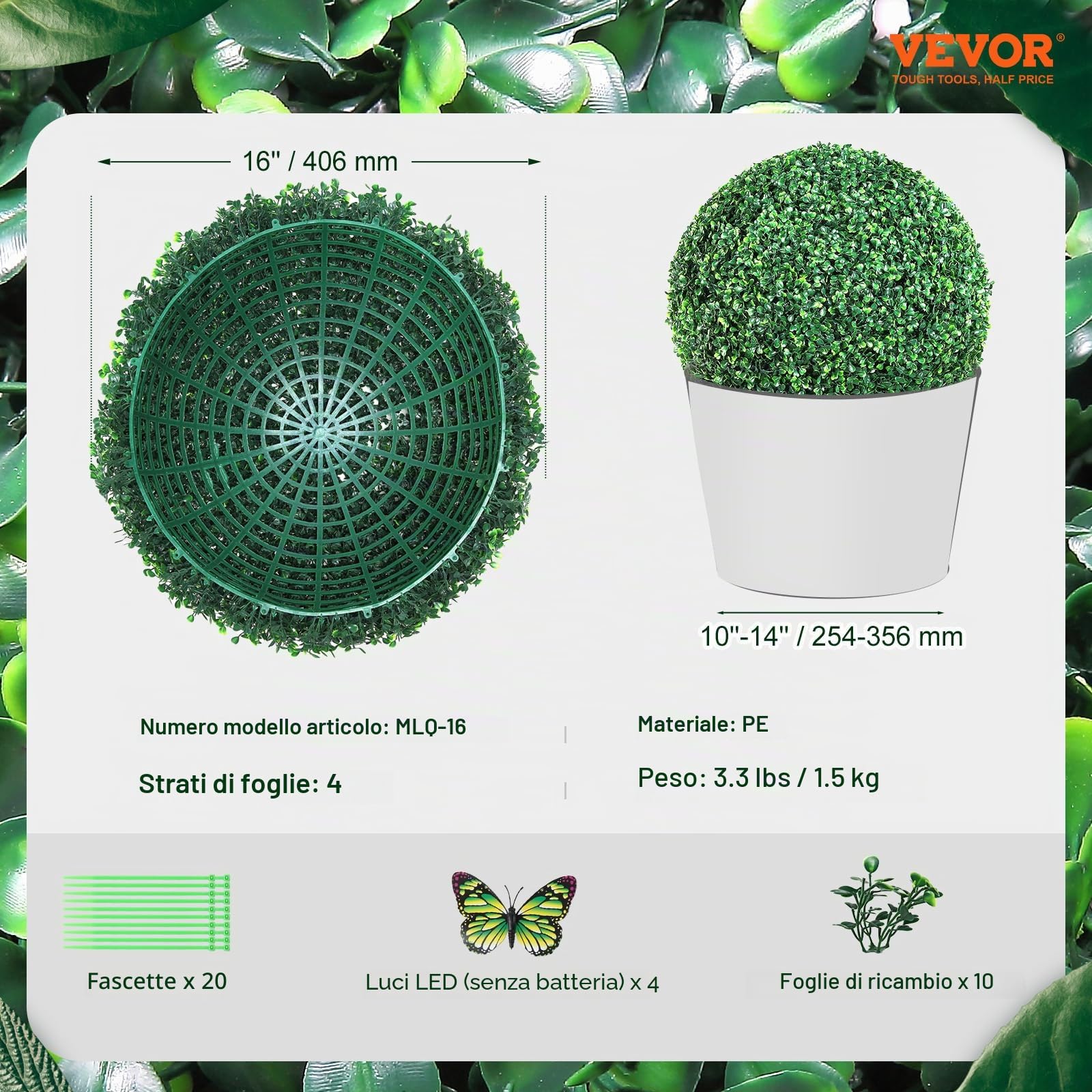 VEVOR Topiaria Artificiale in Legno di Bosso 406 mm Palla di Bosso Artificiale 2 Piante Finte in PE Foglie Intercambiabili Farfalle Decorative Decorazione Interni Giardino Terrazza Balcone Ingresso