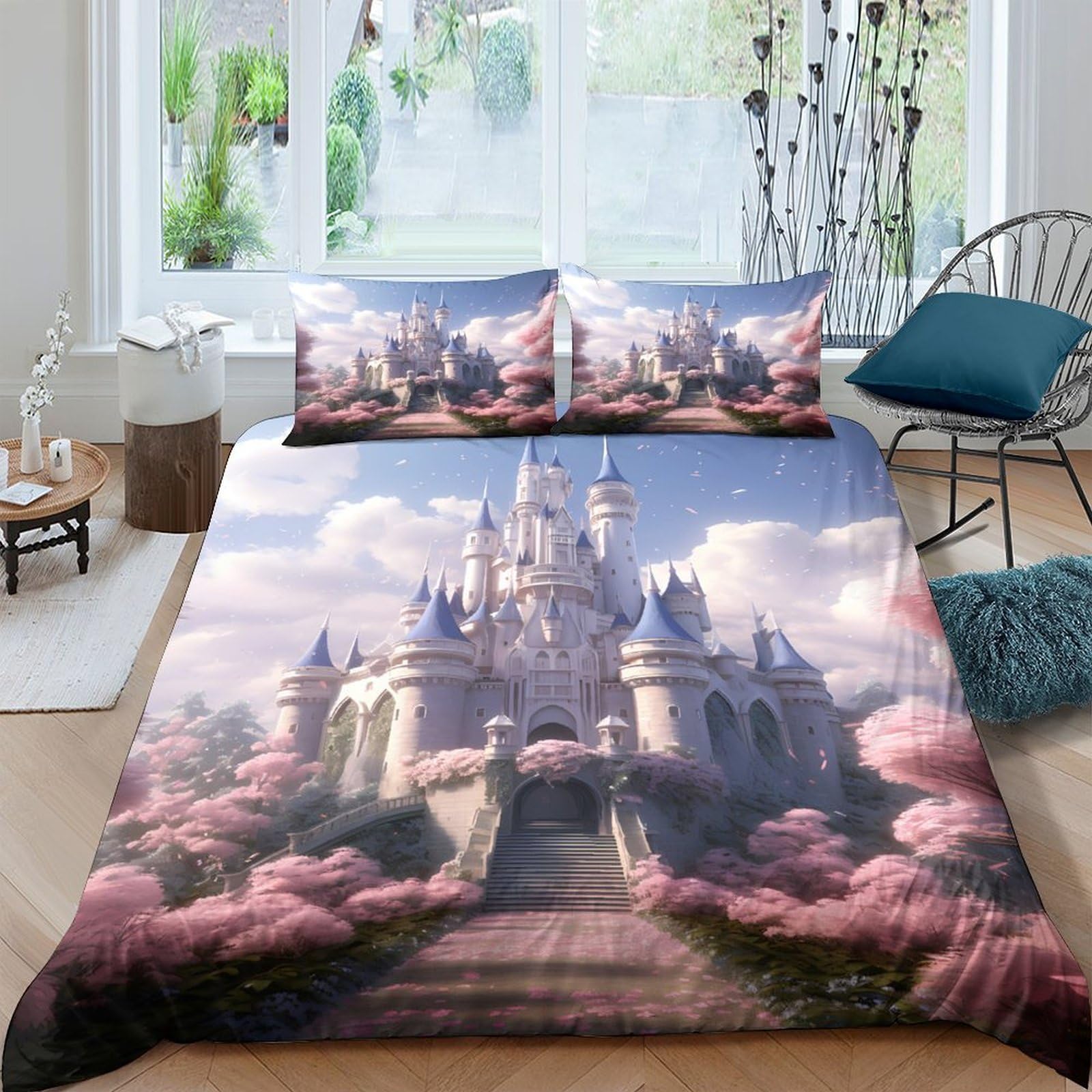 Fantasia del castello Impressione 3D 3 pz fodera per edredone Architettura reale fantasy coperteletto microfibra ipoallergenica zip per bambini ragazzi adulti King（220x240cm）