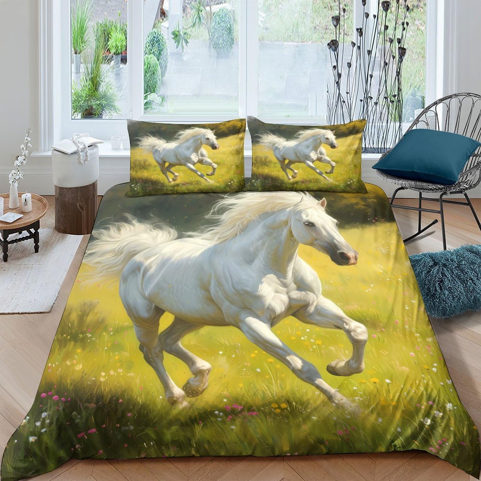 Ctjqhvkz Style-8 3D Printed White Horse Meadow Fitted Sheet Microfiber Soft Breathable Running Horse Bed Cover For Bedroom Decor Single（135X200cm）