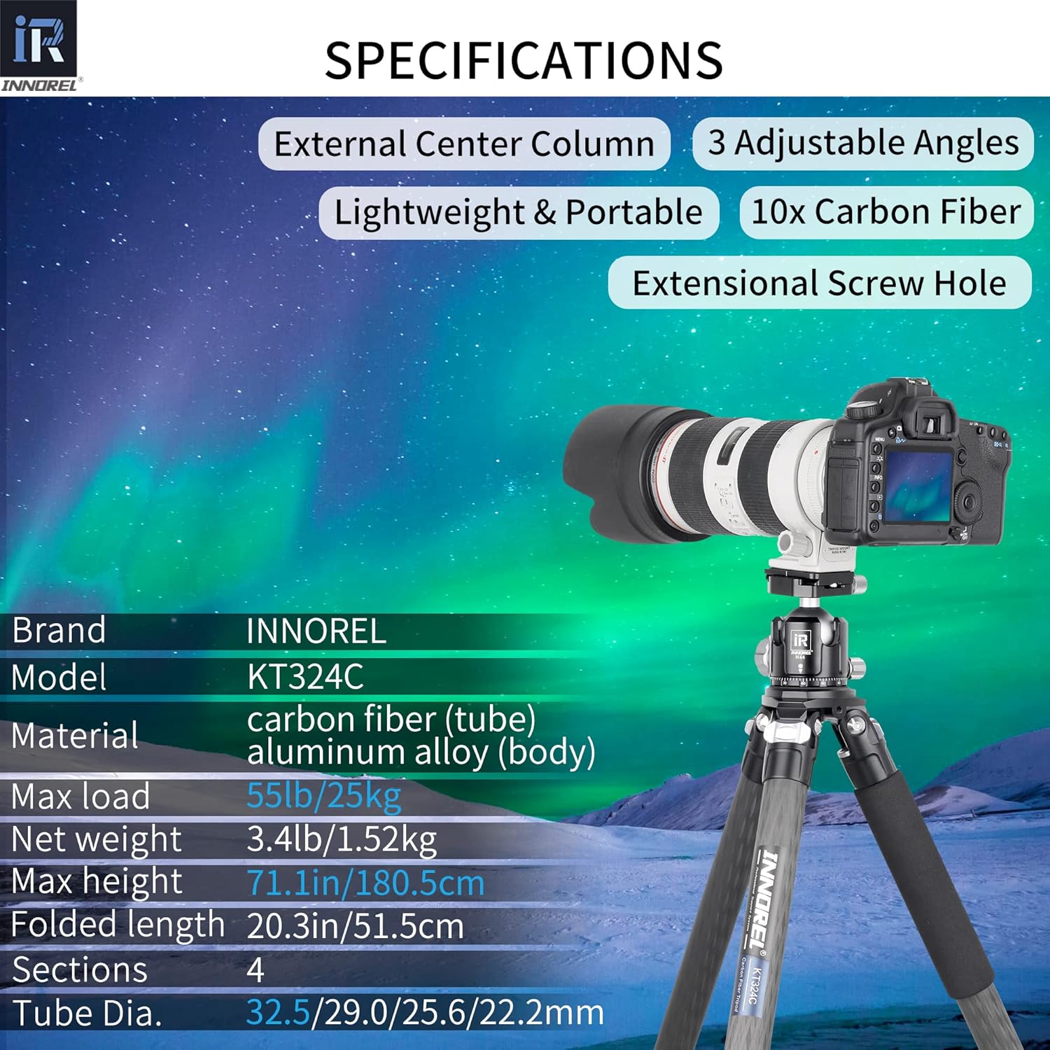 Carbon Fiber Tripod INNOREL KT324C Without Head Professional Portable Compact Travel Tripod for Digital DSLR Camera Heavy Duty Stand Support 1.28in/32.5mm Tube Max Load 55lbs/25kg with Center Column