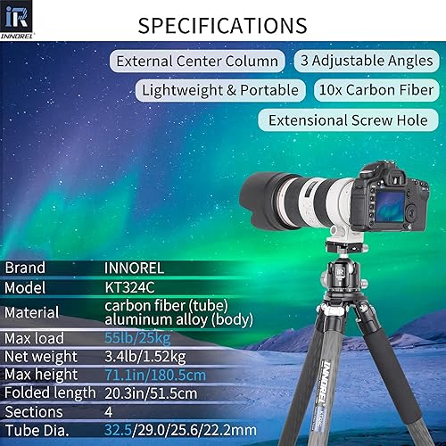 Vista 2 de Trípode de fibra de carbono INNOREL KT324C sin cabeza Trípode de viaje compacto portátil profesional para cámara digital DSLR Soporte de soporte