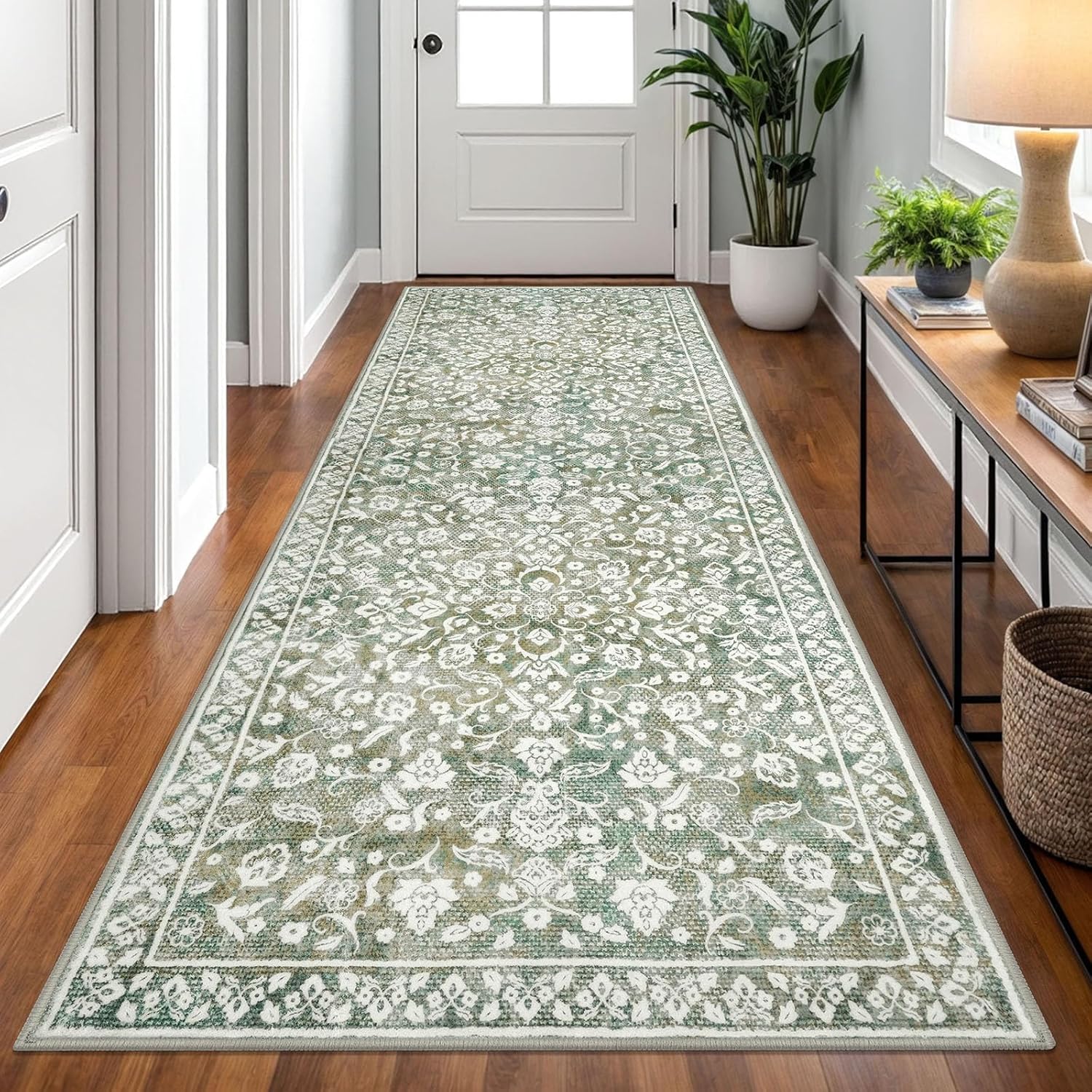 Vintage 3x8 Hallway Rug, Sage Green Beige Washable Hallway Runner Rug Non Slip, Super Soft Kitchen Runner Rug, Print Faux Wool Floral Thin Carpet Runner for Entryway Indoor Bedroom 3' x 8' (Runner) Muted Sage Green With Beige Accents