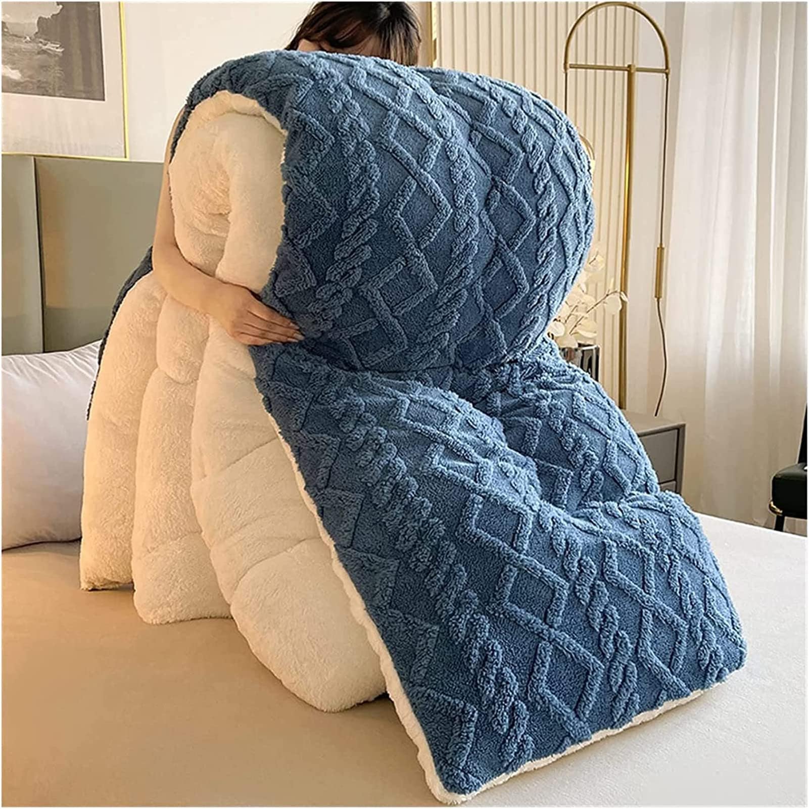 ZMIN Piumino Invernale in Cotone, Trapunta Invernale in Tessuto Spesso di Velluto di Agnello, Flanella Super Morbida + Tessuto in Velluto di Agnello, Regalo Caldo Addensato,C,180x220cm(3.5kg)