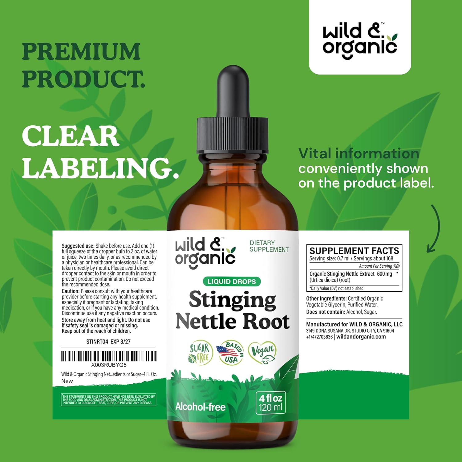 Wild & Organic Stinging Nettle Tincture - Stinging Nettle Root Extract Drops for Men & Women - Liquid Urtica Dioica Supplement - Vegan, Sugar & Alcohol-Free - 4 fl oz - Image 9