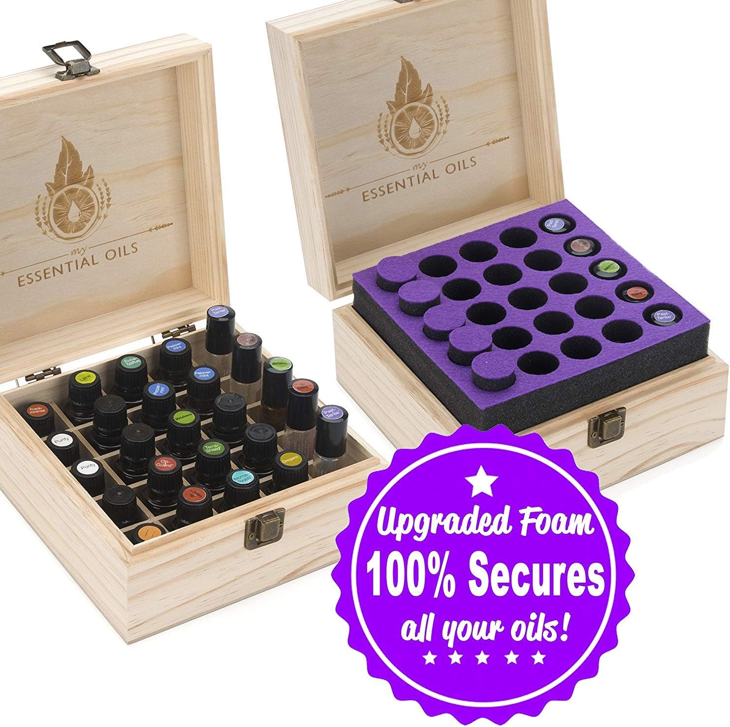 Essential Oil Box Organizer (Holds 25) - Stores Roller Ball Bottles & Other Oils Up to 15mL. Best Starter Wood Storage Case. Thick Foam Insert Secures Oils During Transit. Free EO Labels