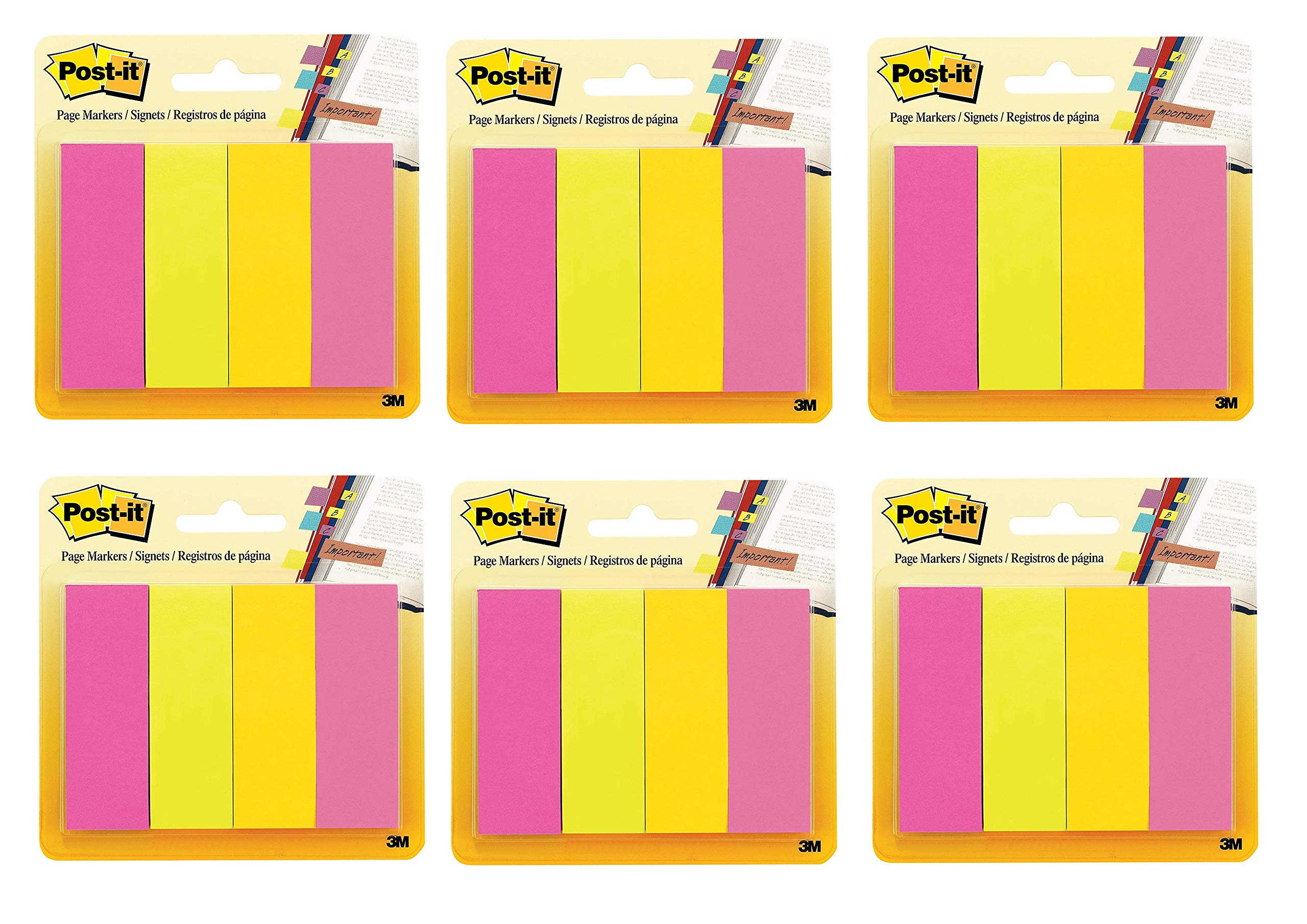 Post-it 671-4AU, Lesezeichen, verschiedene Farben, 2,5 x 7,6 cm, 50 Blatt/Block, 4 Blöcke/Packung (671-4AU), 6 Stück
