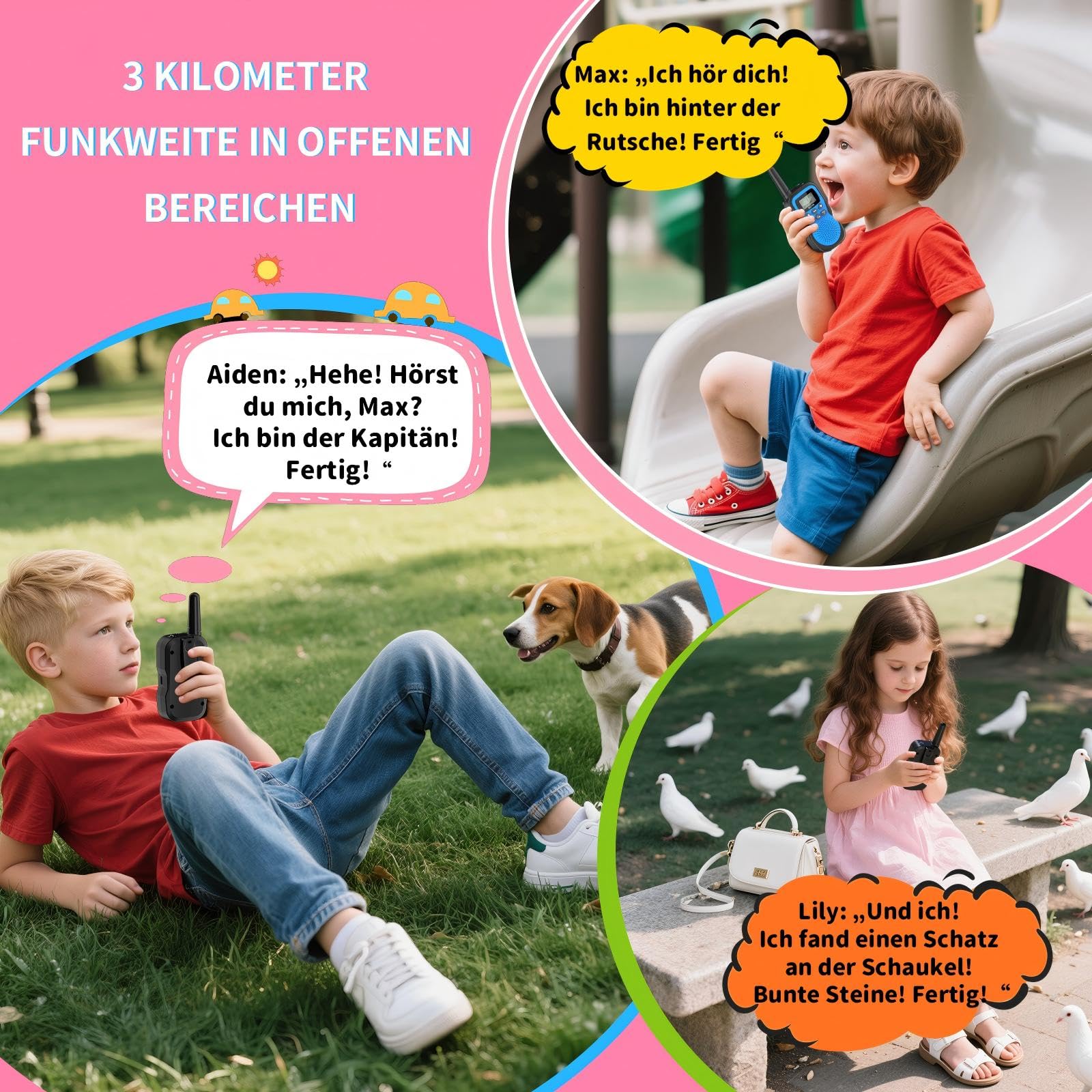 3er Set Walkie Talkie Kinder Aufladbar, 8 Kanäle, 48h Betrieb, Taschenlampe, 3 Kilometer Walkie Talkie Set，Geschenk für Jungen & Mädchen ab 3 Jahren – ideal für Camping, Spielplatz & Spielen