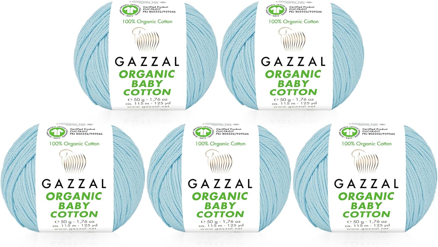 5 Ball (Pack) Gazzal Organic Baby Cotton Yarn, Total 8.8 Oz. 100% Organic Cotton, Each 1.76 Oz (50g) / 125 Yrds (115 m), 3 Light DK, Blue - 423