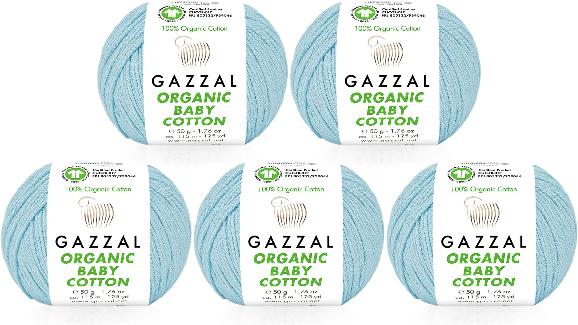 5 Ball (Pack) Gazzal Organic Baby Cotton Yarn, Total 8.8 Oz. 100% Organic Cotton, Each 1.76 Oz (50g) / 125 Yrds (115 m), 3 Light DK, Blue - 423