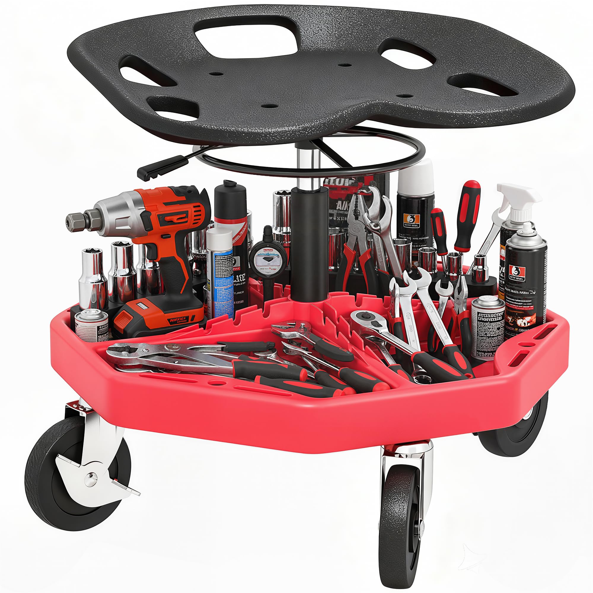 HOMCOM Sgabello da Officina Mobile con Vassoio Magnetico, Altezza Regolabile 52-59,5 cm, carico 135 kg, Sgabello da Meccanico con Ruote, per Garage, riparazioni automobilistiche, Rosso