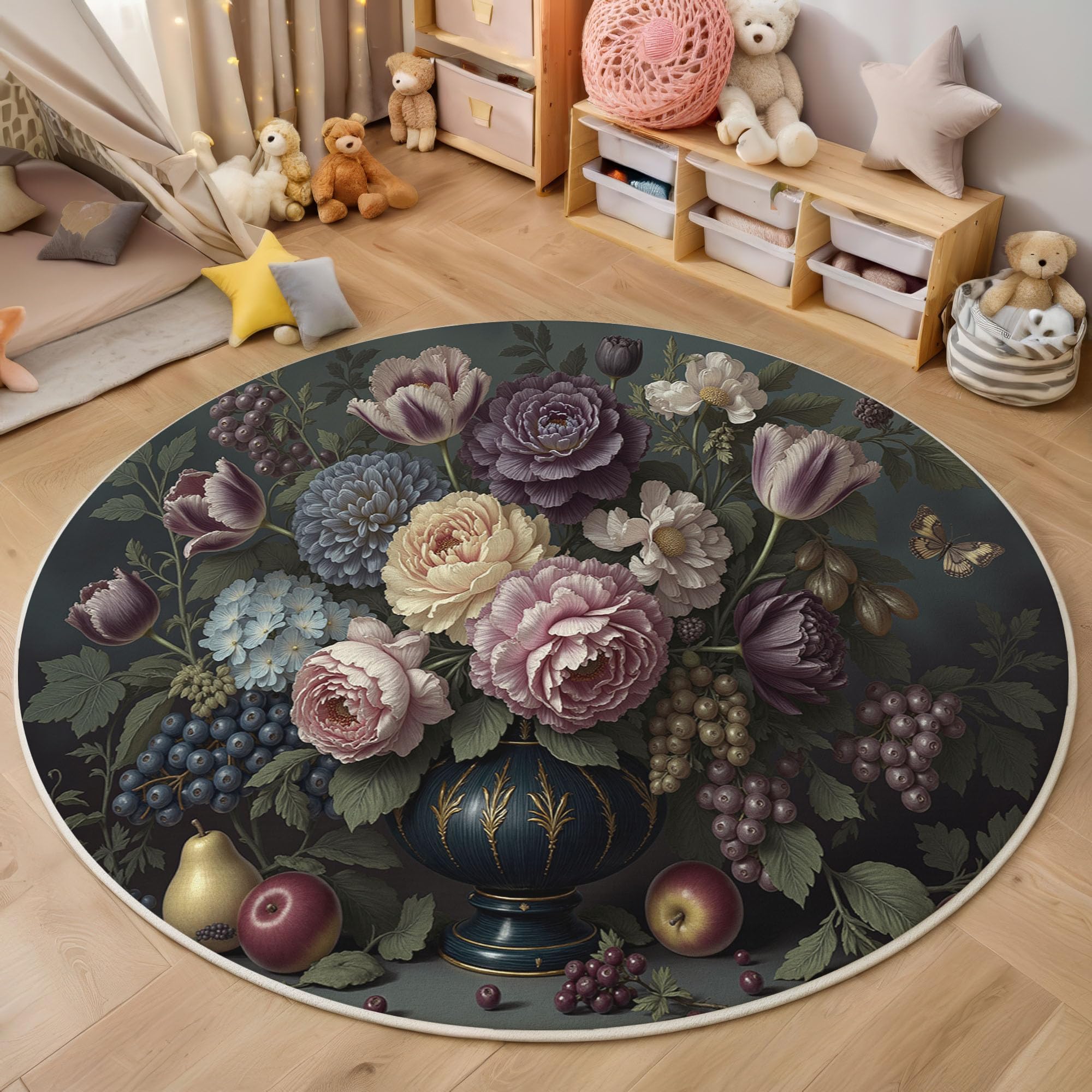 Tapis rond 180cm lavable motif peinture à l'huile violet pour salon