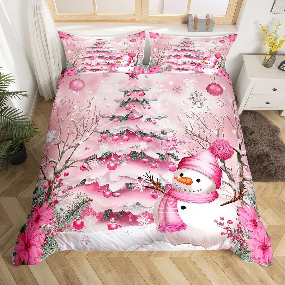 Manfei Pink Christmas Tree Duvet Cover Sets(NO Comforter),Cute Snowman Winter Landscape Comforter Cover for Girls Boys Teens,Xmas Theme Flowers Leaves Bedding,Happy New Year Duvet Set,Single Size