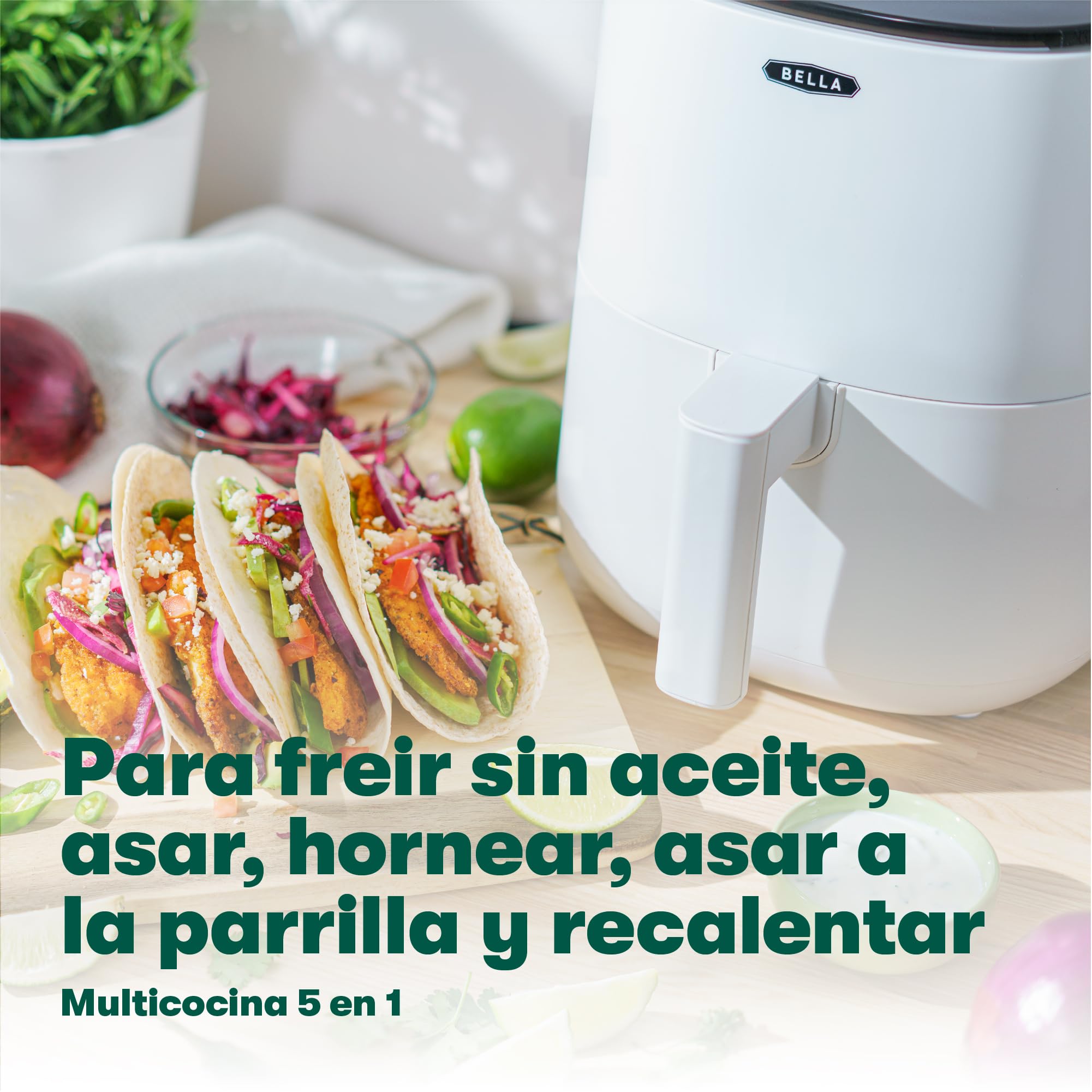 bella Freidora de aire con pantalla táctil de 2.9QT, sin precalentamiento, sin aceite, sartén antiadherente y bandeja para elementos crujientes aptas para lavavajillas, color blanco mate